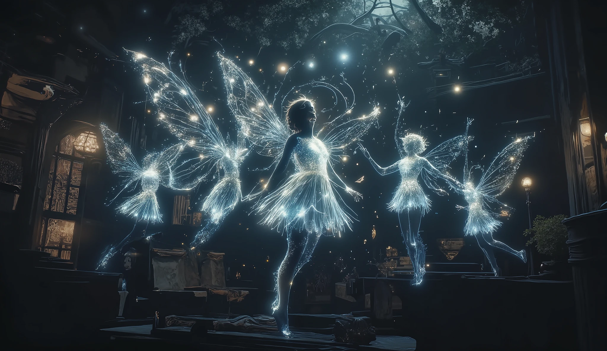 ethereal digital illustration of tiny luminescent fairies dancing through a pitch-black void, inspired by James Jean's dreamy style, delicate fairy wings emitting soft pearl-white glow, surrounded by swirling fireflies and sparkling light motes, fairies showing expressions of pure joy and wonder, dramatic rim lighting creating silhouettes against darkness, mystical nighttime atmosphere --v 5 --stylize 1000