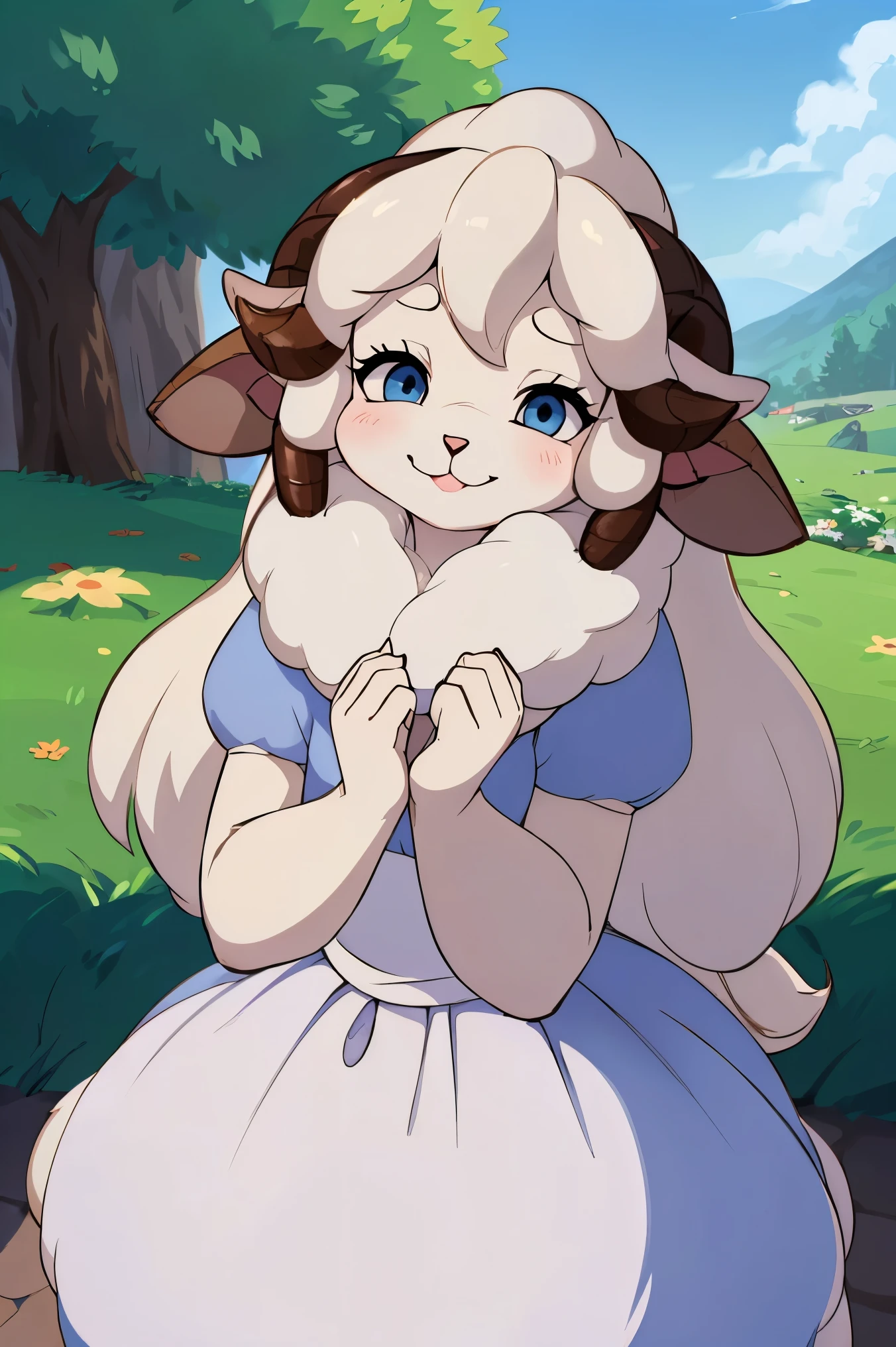  hairy sheep mom  , ( realistic furry sheep hair :1.5) , round face , ( face tilt :1.2) , ( half-open eyes:1.5) ,  round, moist sheep's eyes ,  puffy cheeks ,  Smile of Seduction  ,  shiny lips ,  Curly hair ,  princess dress , Adorable gestures ,  dynamic angle  ,   Gently guide  ,  Labyrinth  ,  no longer stands it 