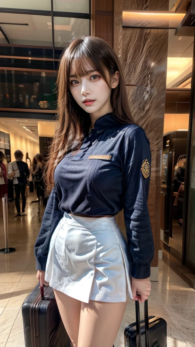 (Extremely Detailed CG Unity 8K Wallpapers:1.1), top quality, photographic, RAW photo, masterpiece, best aesthetic, (hyper realistic:1.3), (ultra high res:1.4), (correct anatomy:1.5), pov, indoor, night, office, (weak lighting:1.2), 1 girl, solo, ((female police officer of Japan, cowboy shot:1.5)), looking at viewer, brown hair, ponytail, shiny skin, oil, fairly detailed skin, beautiful eyes, dark eyes, highly detailed nose, ((tall nose:1.3)), fairly detailed lips, (light lipstick:1.1), (seductive smile:1.2), ((tall:1.1)), ((slender:1.5)), ((beautiful breast:1.2)), ((police uniform, short sleeves:1.3)), (open clothes:1.4), ((cleavage:1.1))