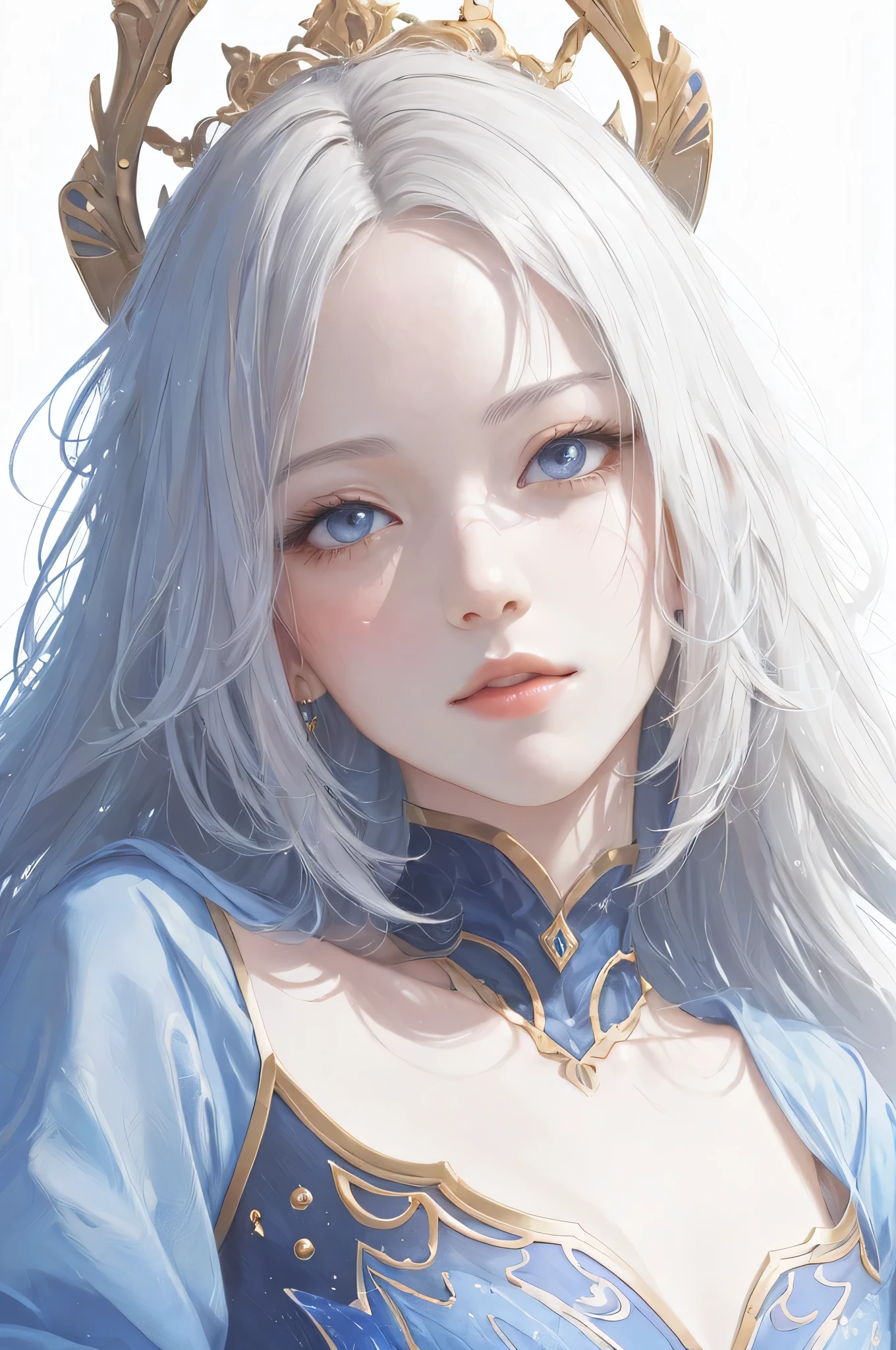 Best AI Image Generation Creator、1 beautiful girl、large round eyes、Solo、Realistic,Lips,masutepiece,Best Quality,Good anatomy,Skin Texture、White background、Smaller chest、white hair、robe blanche、Fantasy Art Style, palatial palace 、 Azure. detailed hairs, beautiful fantasy art portrait, 4K highly detailed digital art, a beautiful fantasy empress, artwork in the style of guweiz, ((a beautiful fantasy empress)), 8k high quality detailed art, Beautiful Anime Portrait