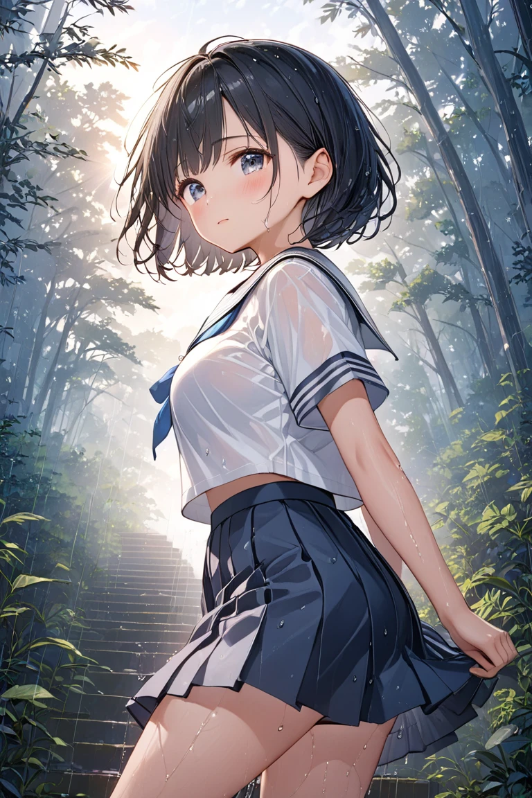 beautiful detailed girl,(masterpiece,best quality,extremely detailed:1.2),((cowboy shot:1.1)),(solo,10 years old,kawaii,slender,small breasts:1.25),(pained look:0.8),((white underwear) in ((Torn school uniform)):2),(dirty:2),blush,shy,weep,standing,(deep forest:1.5),(hug:0.4),rating: general, newest,Sexy face