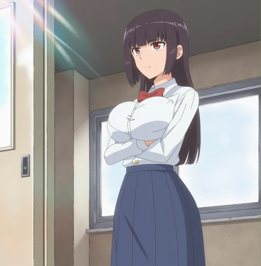 [anime styled]],[[digitalart]],1girl,solo,(portrait),Tomomi_saikyou,black hair,Short hair,bob cut,hair ribbon,midium build,1girl in,short torso,anime screen cap,cel shading,smile, blush,(strong light)、((brighten the subject)),classroom,chair,lying,uniform,short sleeves,((upskirt)),((skirt lift)),(panties)