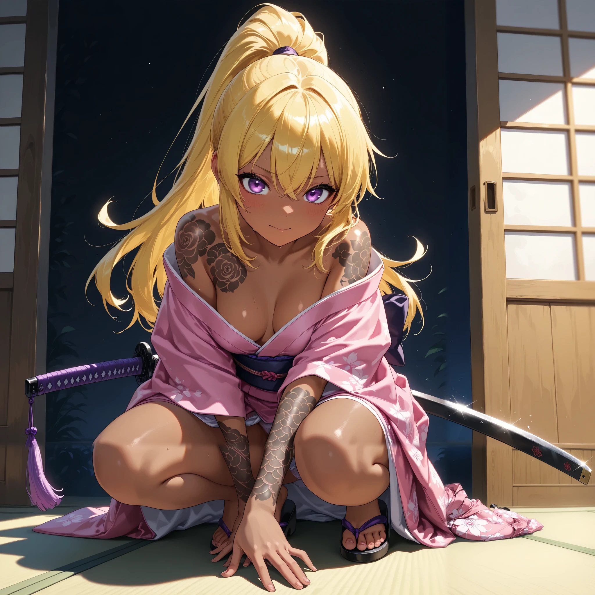 A beautiful ninja holding a Japanese sword、Action • Painting 、 ponytail、yellow hair、 Brown skin 、 Read more、 Japanese kimono、 perfect face、 Masterpiece, anatomically accurate, top quality, textured skin, full body tattoos /Japanese carving/、 movie light effects, Animation Screenshot