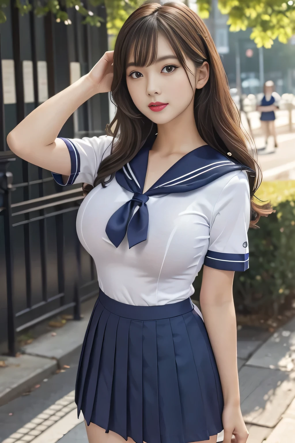 (Wrinkle-free sailor uniform:1.3), Tight fitting short sleeves, Breasts accentuates, Breasts is in the frame, Wrinkle-free tight fitting short pleated skirt, (Looking at the viewer:1.3), Outdoors, Daytime, Sunshine,
8Kquality, (High Resolution:1.1), (Realistic photo:1.2), (Raw photo:1.1), Extremely detailed photo, Body that is depicted in ultra detail, Absolute masterpiece,
Big and round beautiful breasts, (Lip make-up), red lips, Wavy hair, Ultra beautiful school girl