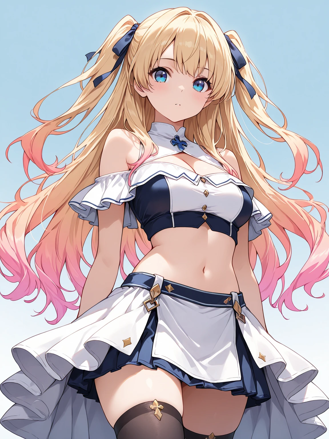 (masterpiece, best quality:1.2), 1 Girl, Solitary, (blond), Blue hair band, 左边是Blue hair band, White bra, Black gloves, knight skirt, Smile, Gray background