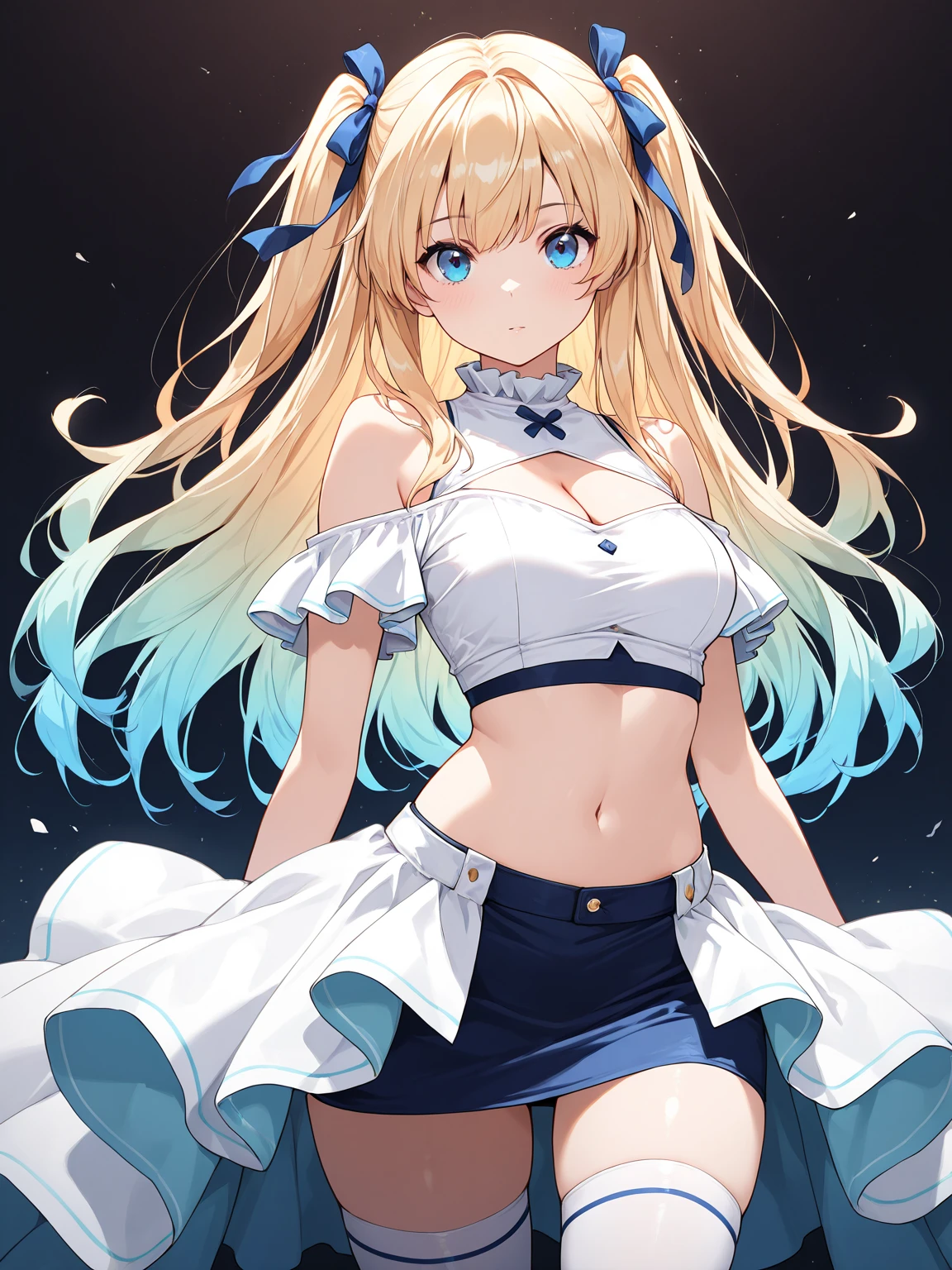 Ray Tracing,Highest quality,High resolution,bloom effect,Dynamic Angle,Light Shaft, particle lighting, Dynamic Light,One girl, alone, Wind,smile, ,Middle chest, Long blonde twin tails that reach above her ears, Ahoge, (Cyan striped hair:1.15), ,White blouse,Mountain,Starry Sky,blue eyes, Hair Ribbon,Glowing Skin,Happy,Perfect lighting,Super detailed,8k,Realistic:0.5),Beautiful nipples,