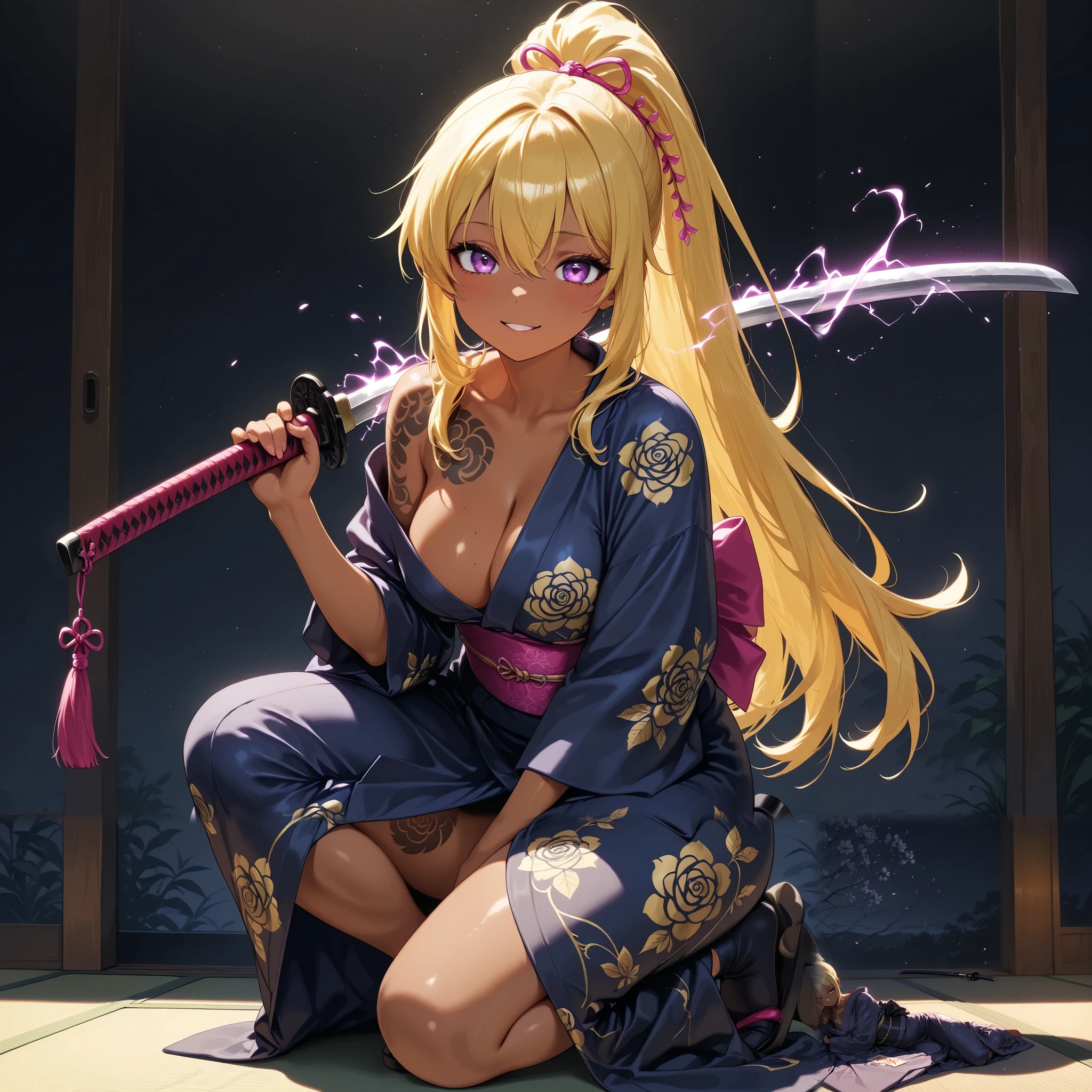 A beautiful ninja holding a Japanese sword、Action • Painting 、 ponytail、yellow hair、 Brown skin 、 Read more、 Japanese kimono、 perfect face、 Masterpiece, anatomically accurate, top quality, textured skin, full body tattoos /Japanese carving/、 movie light effects, Animation Screenshot