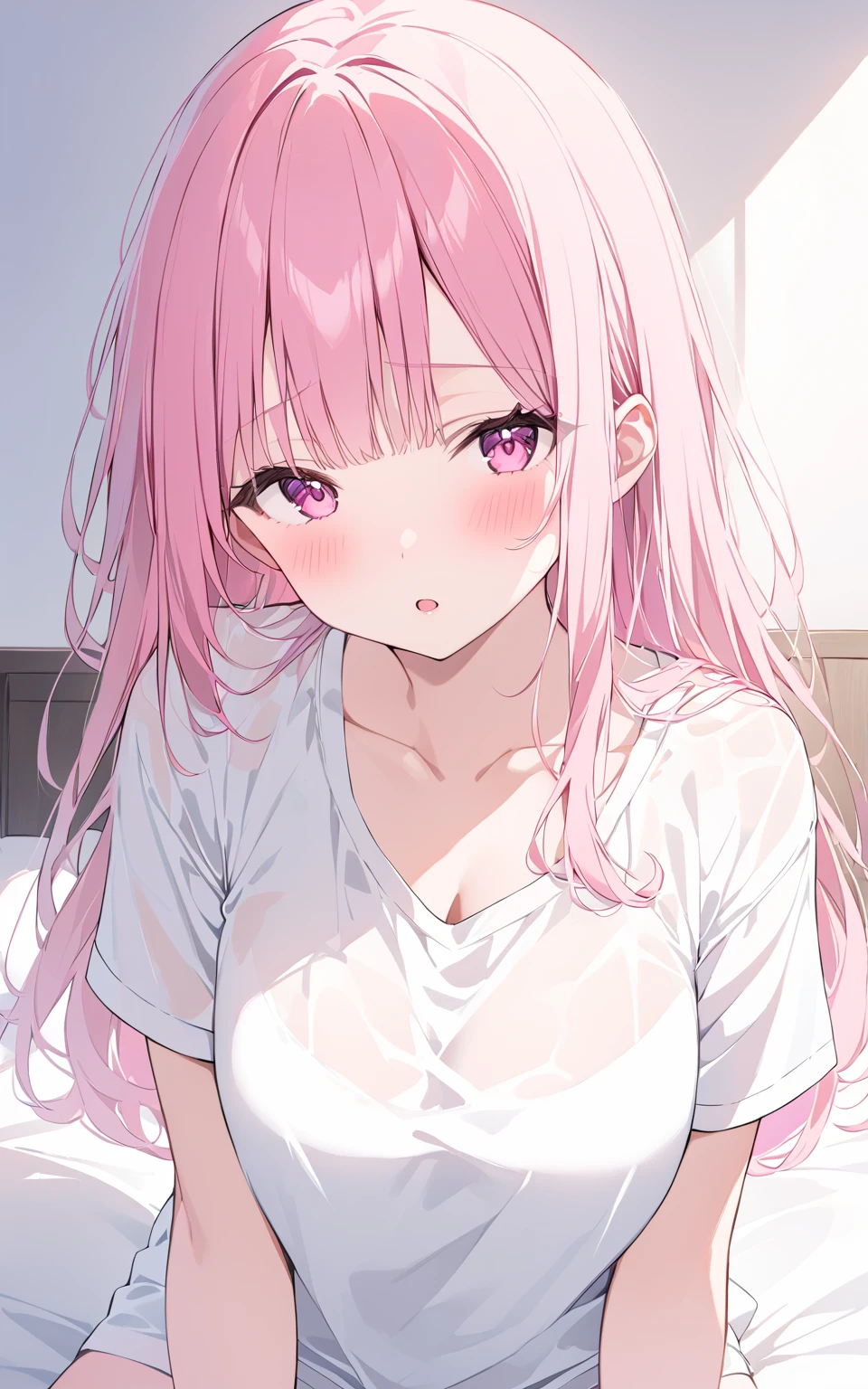 (masterpiece, best quality:1.4), 8k, Pale Skin, Pink long messy Hair, Lights Pastel Blue Highlights, Young adult, anime girl, Annoyed, Glaring, Disgusted, light Pink Eyes, Big chest, Pink sweater, (detailed eyes and face, sharp pupils, realistic pupils:0.6)