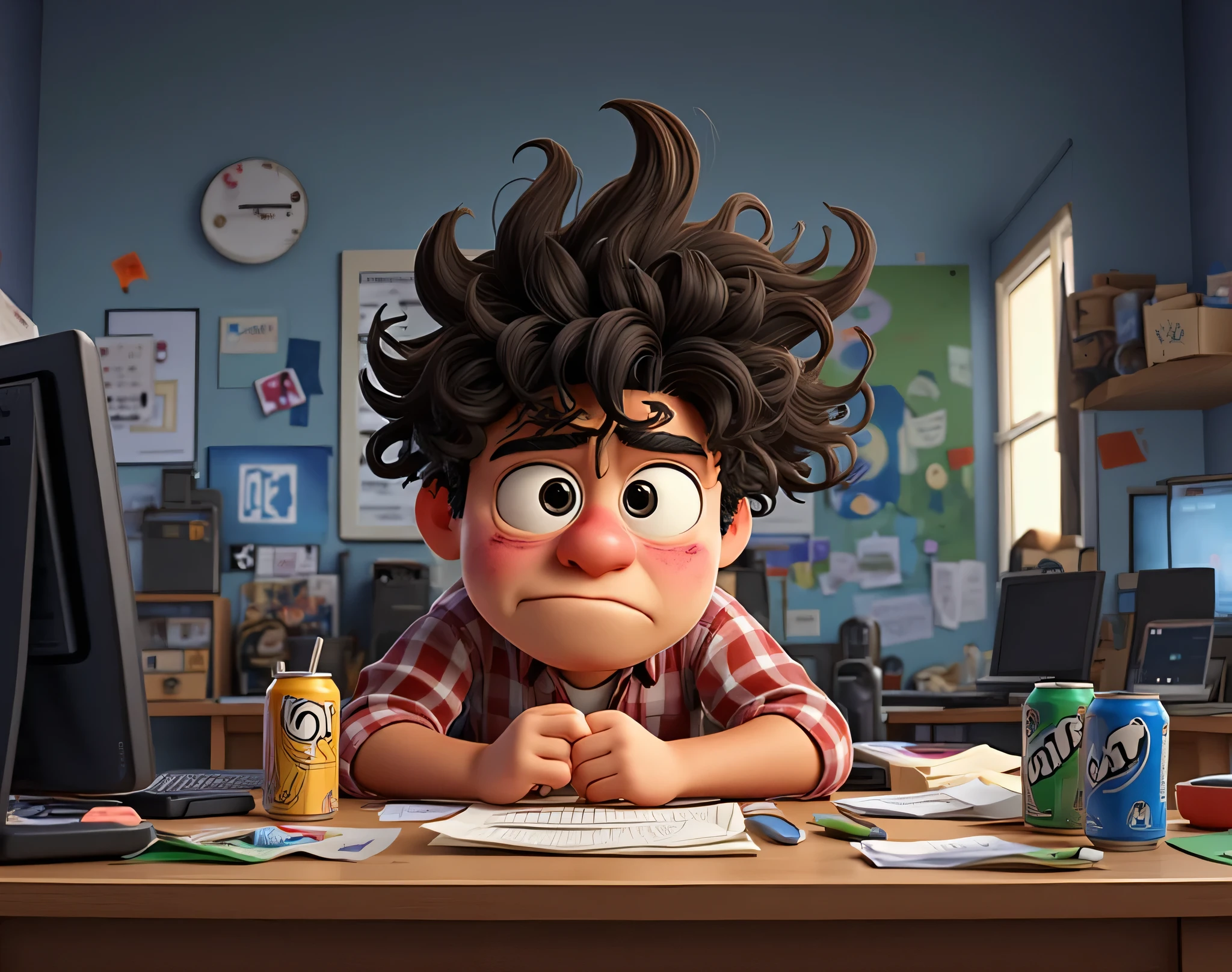 A 30-year-old exhausted boy slumps at the computer, dark circles and bruises under his eyes, disheveled hair sticking out in every direction, surrounded by empty energy drink cans and crumpled up papers, with a worn-out expression that says he's had enough. Cartoonish, 3D, Pixar-style, vibrant colors, aspect ratio 16:9 --v 5 --ar 16:9