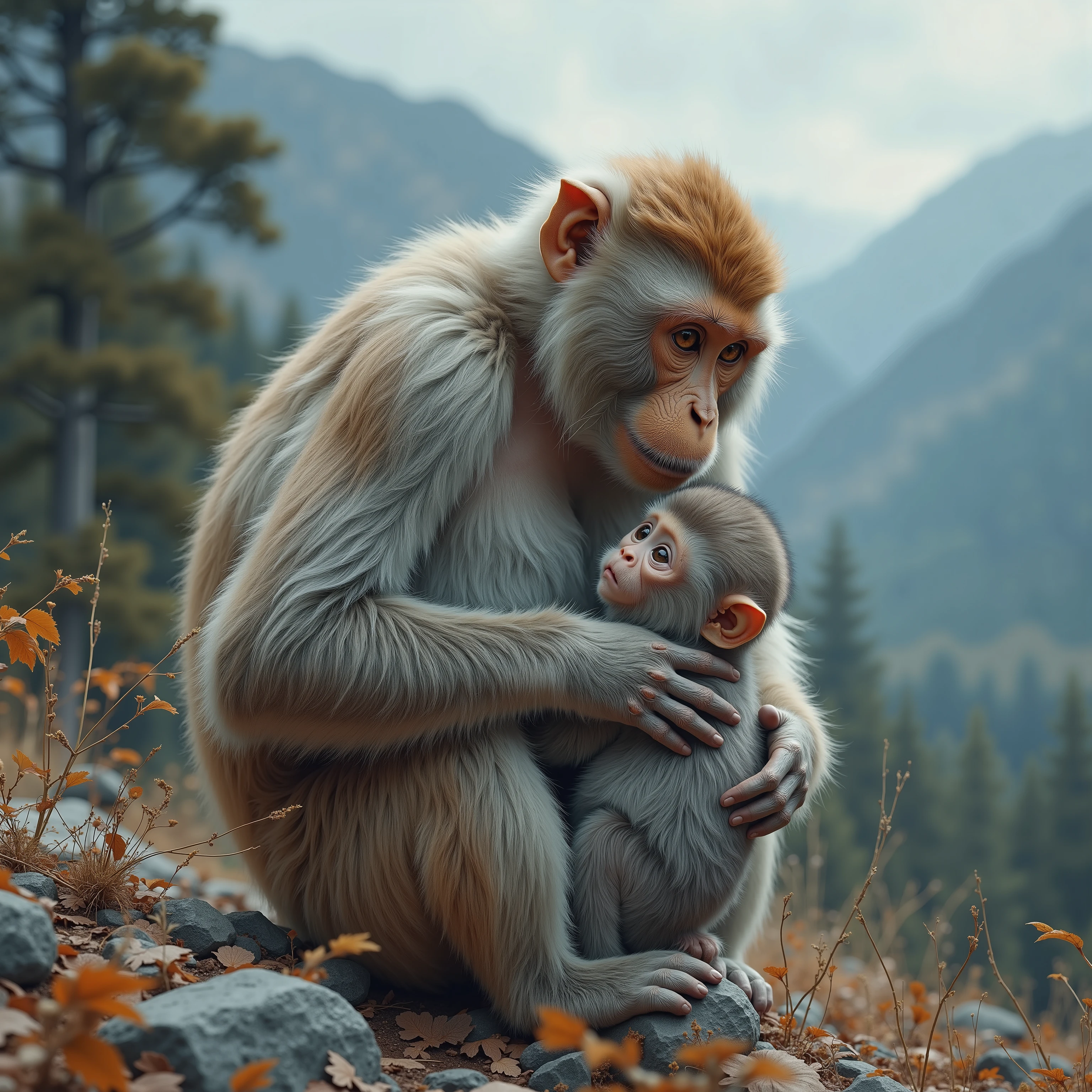 (masterpiece, best quality, extremely detailed, extremely detailed, perfect detailed, absurdres, very aesthetic, portrait, breast focus), A mother Japanese macaque Embrace her baby with her hands, (In the mountains), (cinematic angle)
