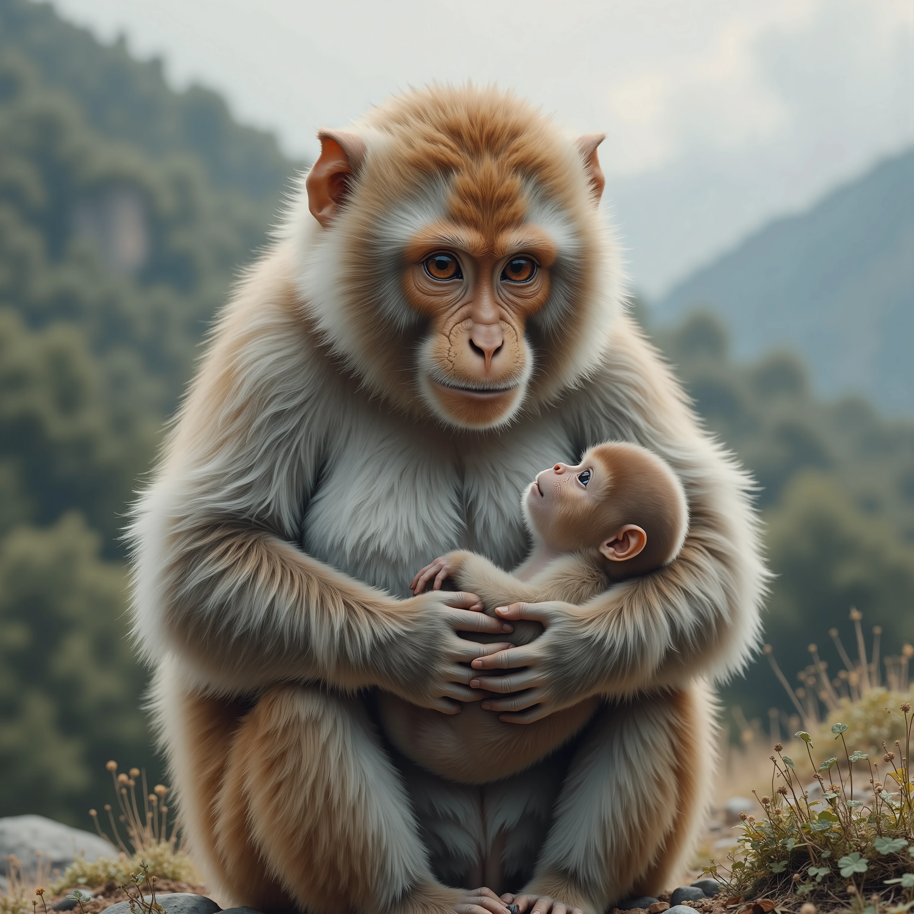 (breast focus, face focus, masterpiece, best quality, extremely detailed, extremely detailed, perfect detailed, absurdres, very aesthetic, portrait, breast focus), A mother Japanese macaque Embrace her with her hands, (In the mountains), (cinematic angle)