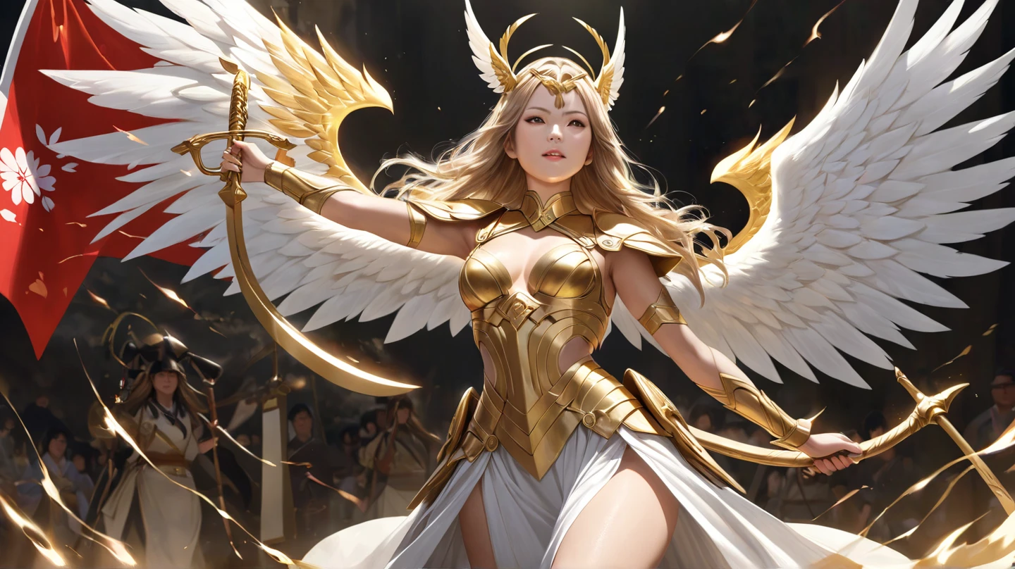 (best quality)), ((masterpiece)), (detailed), Perfect body，Full body shot，Close-up of a woman wearing a golden costume with wings, Angel Gold Armor, majestic angel, angel knight girl, Final Fantasy Tactics Characters, mystical atlantean valkyrie, as a Mysterious Valkyrie, Blazing Angel, Maple Leaf Story Character Art, With blazing golden wings, Golden Wings, April renderings, Mysterious Valkyrie, Close-up of a woman wearing a golden costume with wings, Concept art inspired by PwC, pixiv, Baroque, Angel Gold Armor, majestic angel, angel knight girl, Final Fantasy Tactics Characters, mystical atlantean valkyrie, as a Mysterious Valkyrie, Blazing Angel, Maple Leaf Story Character Art, With blazing golden wings, Golden Wings, Battle with orcs，Photographic lenses，Ultra wide-angle lens，First person，