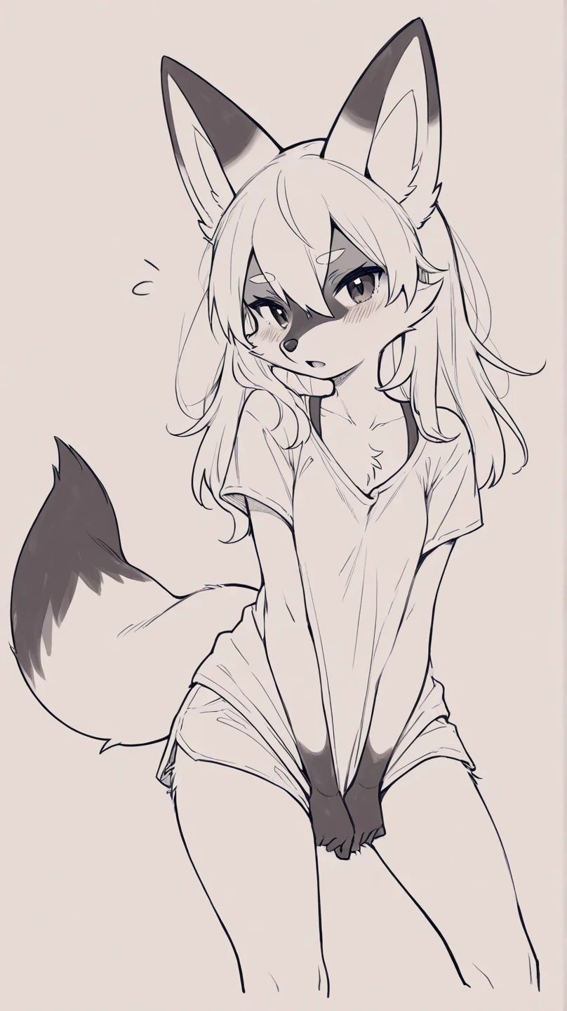 1girl,animal ears,blush,body fur,brown fur,covered erect nipples,cowboy shot,female pubic hair,furry,furry female,green eyes,looking at viewer,panties,pubic hair,raccoon ears,raccoon girl,raccoon nose,raccoon tail,simple background,solo,tail,tank top,thighs,uncensored,underwear,undressing,white background,white panties,white tank top