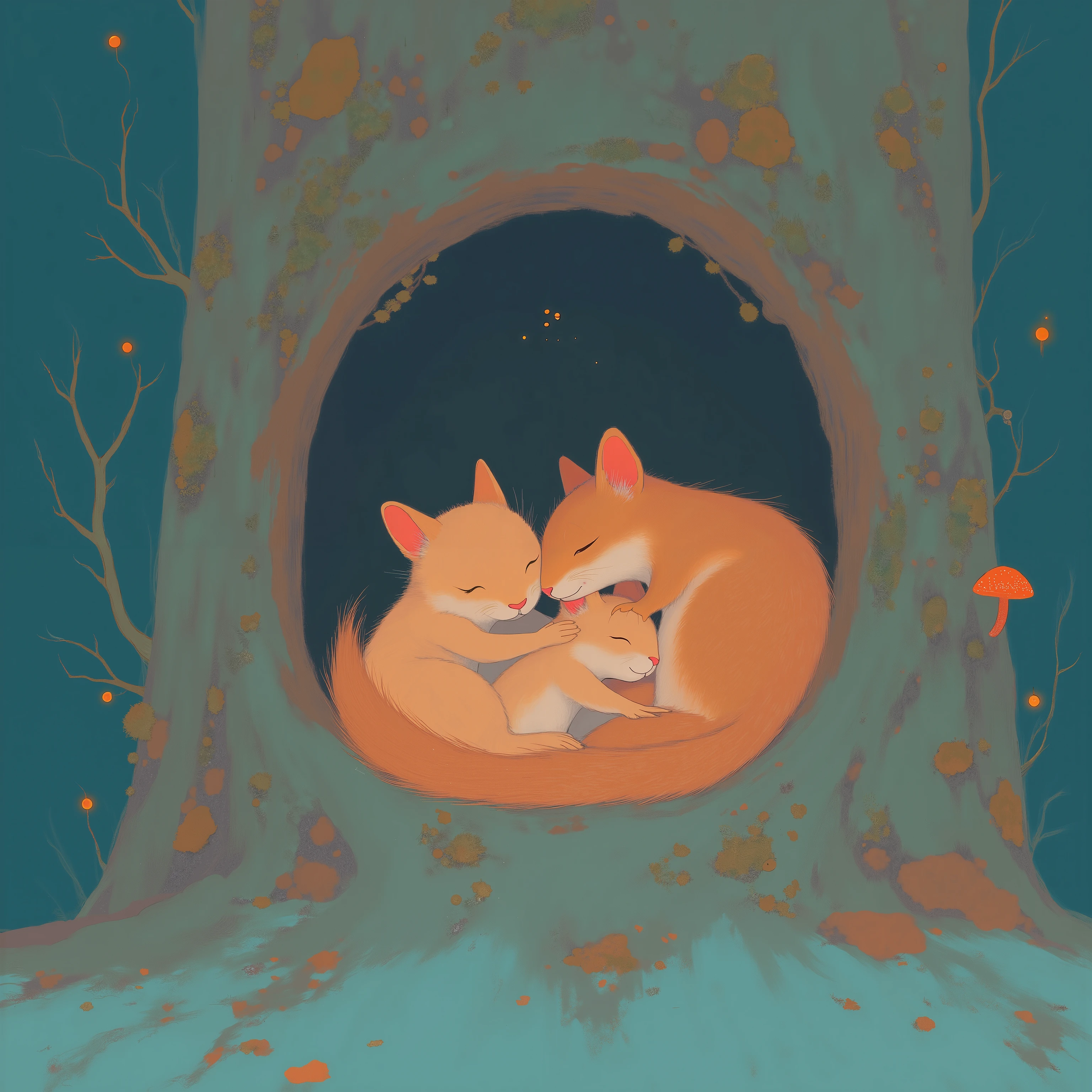 Tree Hollow, Fantasy artwork, Two mother and squirrels are sleeping hugging each other during hibernation