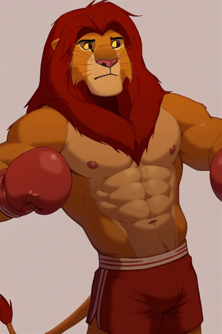 (extremely detailed and realistic masterpiece of an) ((male anthro lion)) with (muscles) and (athletic build), featuring (correct anatomy:1.3) and (detailed sweat droplets:1.6) glistening (sweat:1.3) and emphasized, (collapsed and bent down) with an (exhausted and panting steamy breath:1.3). He's wearing (boxing gloves) and (shorts), kneeling alone in the (boxing ring) showcasing his (hard work and dedication). Barefeet. Pools of (sweat:1.3) forming under him.