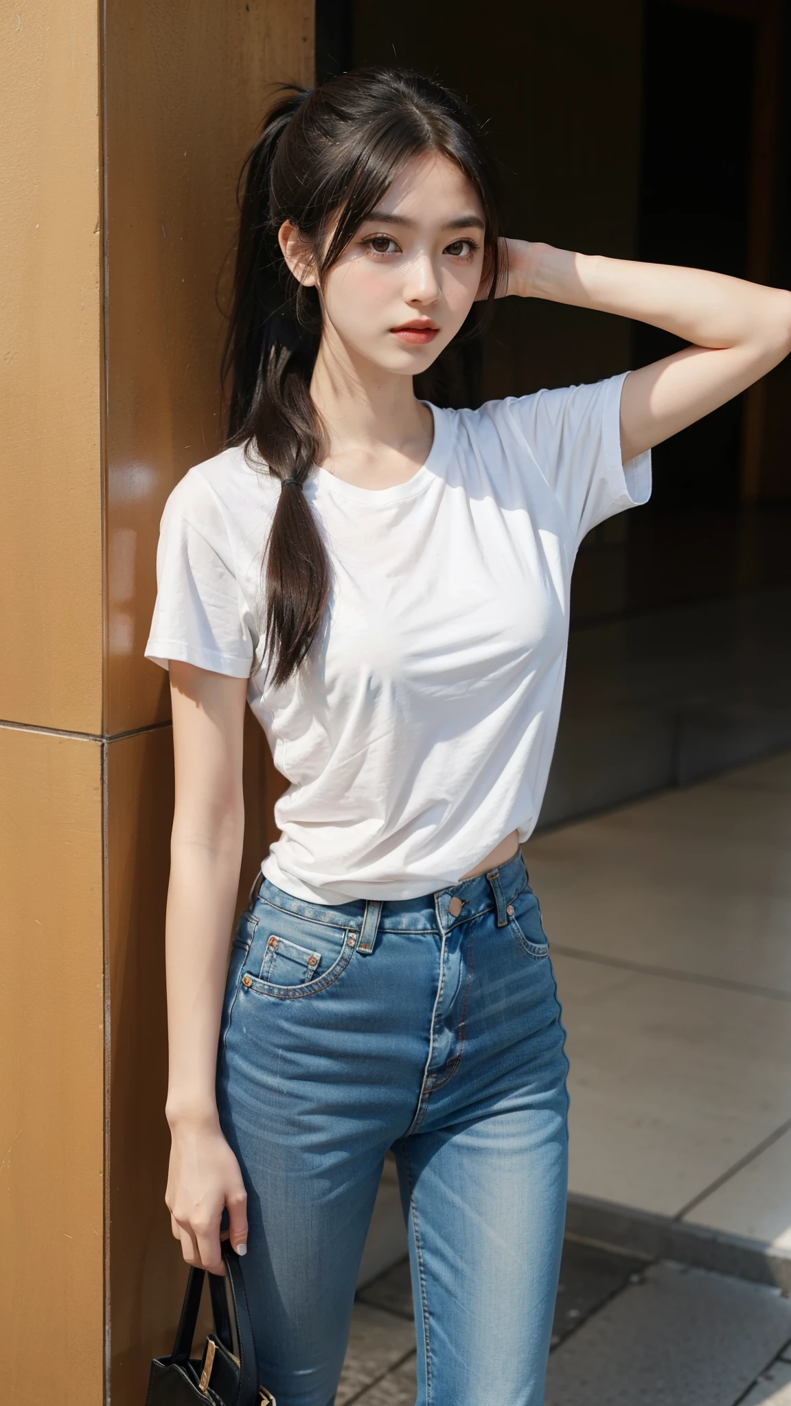 17 years old, Hatsune Miku, city, green hair, green eyes, vocaloid, girl in need, collar, white shirt, t-shirt, blue short, sleeveless, looking at viewer, standing