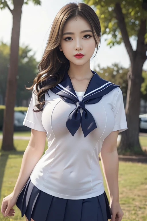 (1 female), (((Spread your legs,Showing panties))), (((School Sailor Suit (Upper body only)))), masterpiece, 最high quality, high quality, High resolution, In detail, Detailed Texture, Realistic facial expressions, Realistic, -yeld gi (((Forward lighting))), smile,  (Glowing Eyes),  (Beautiful and delicate down to the last detail, Beautiful eyes in every detail, Perfectly balanced face, Skin with attention to detail, (((Glowing White Skin))), Large Breasts,   ((Sit on the bed with one knee raised)), ((Smooth texture, Realistic texture, Realistic)),(Cute face, Detailed face)