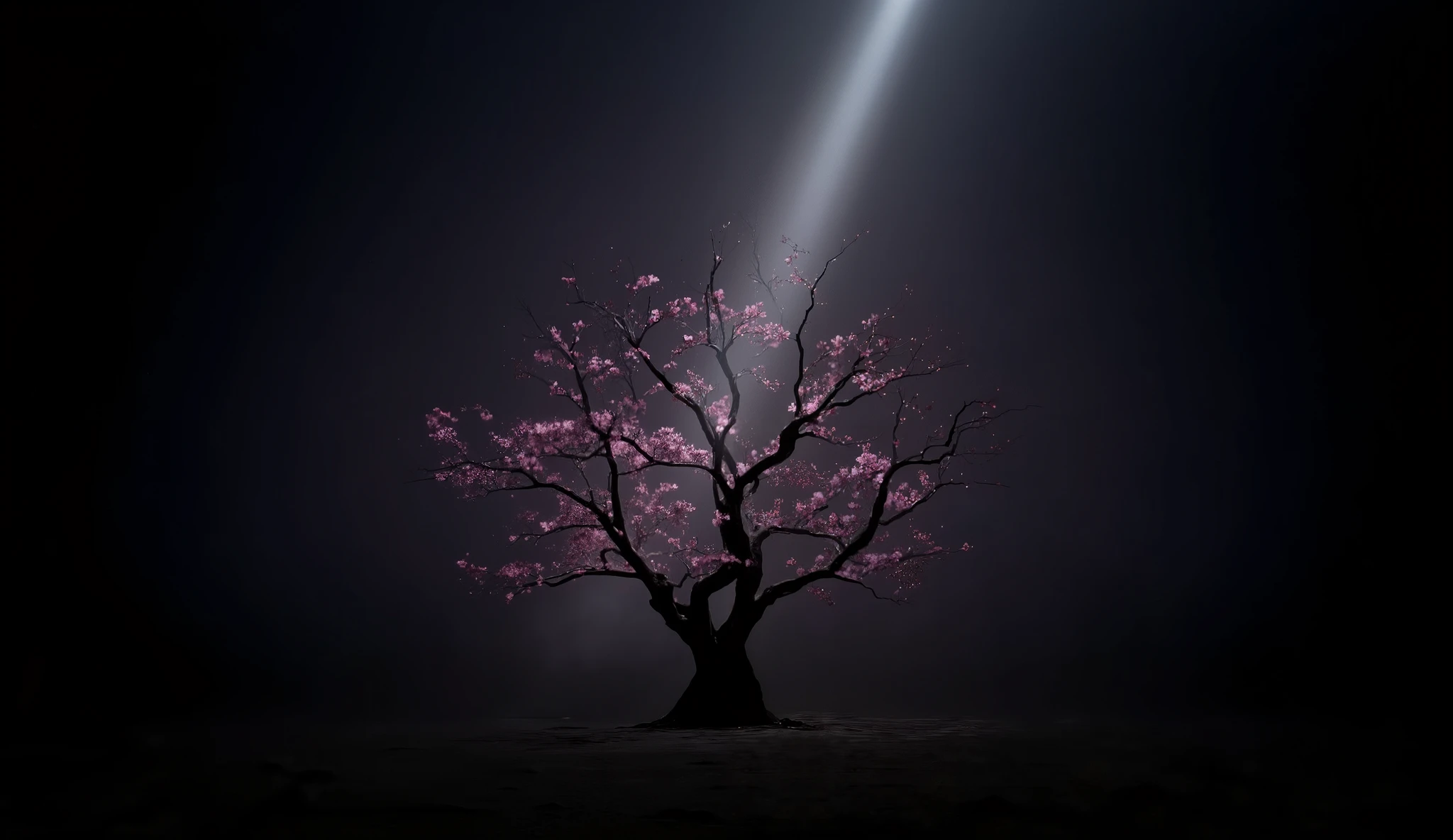 Sakura Tree in a Dark Space, only sun Ray Reflecting on it, 4K quality