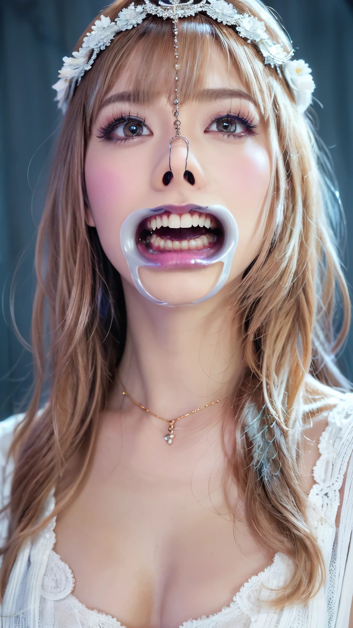 a beautiful young girl, extremely detailed eyes and face, ahegao, look up, long eyelashes, perfect white teeth,blue eyeshadow, nose hook piercing,super wide open mouth, elegant, delicate, serene, flawless white skin, ornate jewelry, detailed ornate headpiece, intricate makeup, 8K, hyper detailed, photorealistic, cinematic lighting, dramatic colors, fantasy art