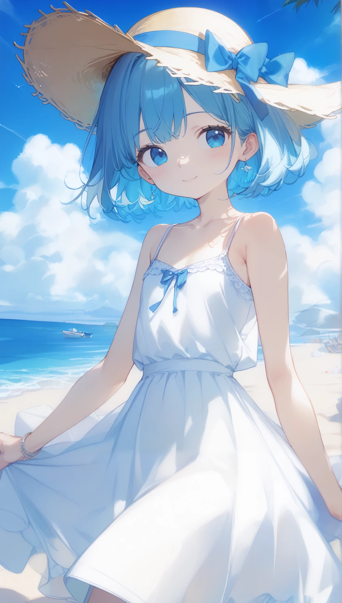   Japanese 、 blondes、   short bob、  big breasted 、(   slim stomach: 1.2), (   slender body: 1.22), ((( camisole dress at the office at night、 white dress、 cute camisole ))),  straw hat、(((summer、 white sand beach、 blue sky、Blue Sea:1.7、Cumulonimbus)))