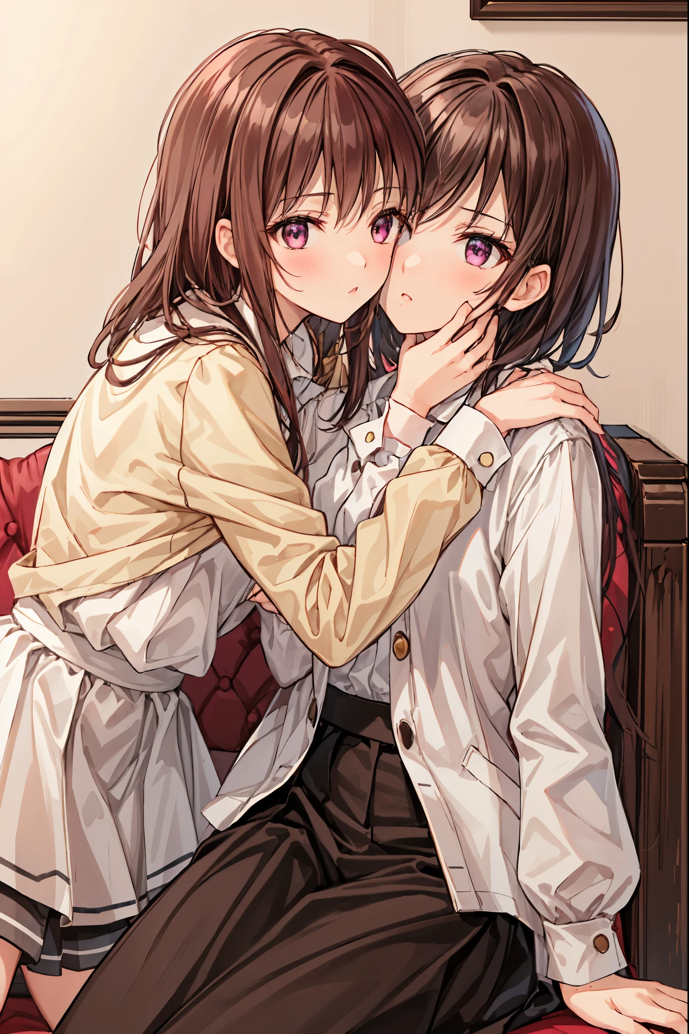 How to sit a girl,Depth of written boundary, delicate eyes, full hand, 余分な手feetなし,arm2Book,feet2Book,distinct nose bridge,fine skin、Smooth、perfect beauty、small breasts、thin,((Natural style)),brown hair、Book当に美しい、beautiful profile,perfect style,Ahegao,((boyish clothes)),shortcut,Western-style room,on the bed,lighting dark,1put your wrist on top of someone2Book,1人にfeet首2Book,flushed face,Don'Do not fold your hands,feetは組まない,((Kiss between girls)),((hug each other and have a deep kiss))、((kiss the eyes)),((All nude))、((girly clothes)),((Natural posture)),((正しい手feetの数))