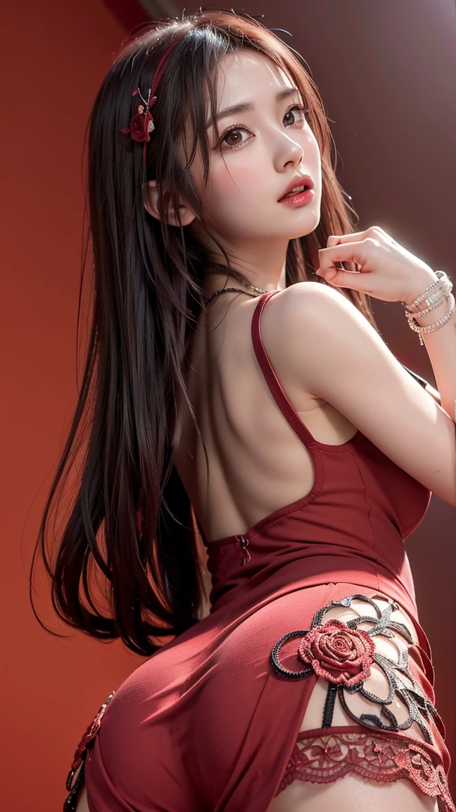 pretty, young, girl, long hair, black hair, red color eyes, white skin, 15 year old, very big breasts,look put hands behind head, armpits, armpits visible, sweaty armpits, school backround, wearing red chinese dress
