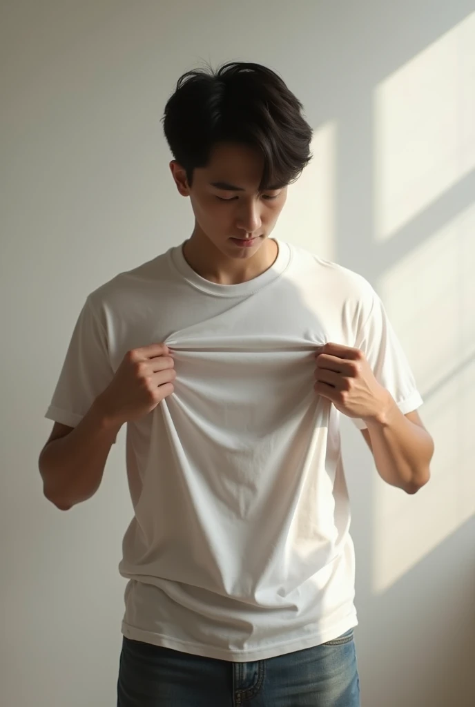 A young male twink with a make-up face and black hair. He is wearing a white long-sleeved shirt and brown pants. He is in the blood bank with blood bags behind him and he looks proudly.