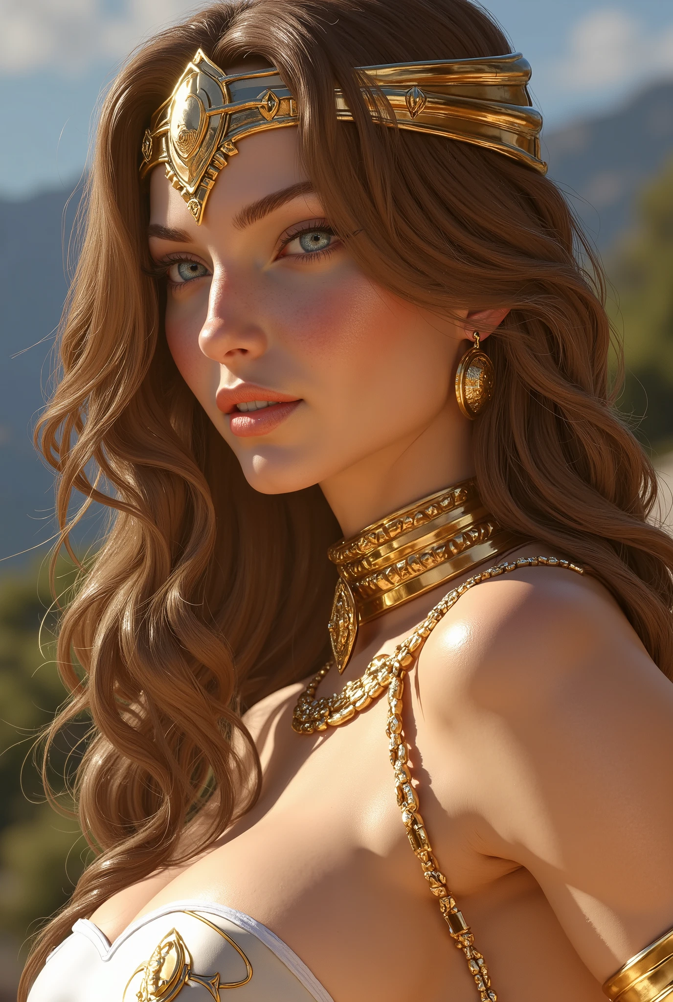 (best quality,4k,8k,highres,masterpiece:1.2),ultra-detailed,(realistic,photorealistic,photo-realistic:1.37),Sexy (best quality,highres),sexy ( Masterpiece, 4k resolution, ultra-realistic, very detailed) A beautiful sexy female Greek superhero who is a demigoddess , blue eyes and long blonde brown hair. She wears a white and gold outfit , she has bracelets that are gold, and has long white boots with a golden outline . she holds a long spear , she also wears a golden stash around her waist. portrait photography by , in the style of realism, glistening skin, , natural lighting, Defined full lips. Muscular fitness feminine body (thera) (cooky smile) (small braids on her hair)