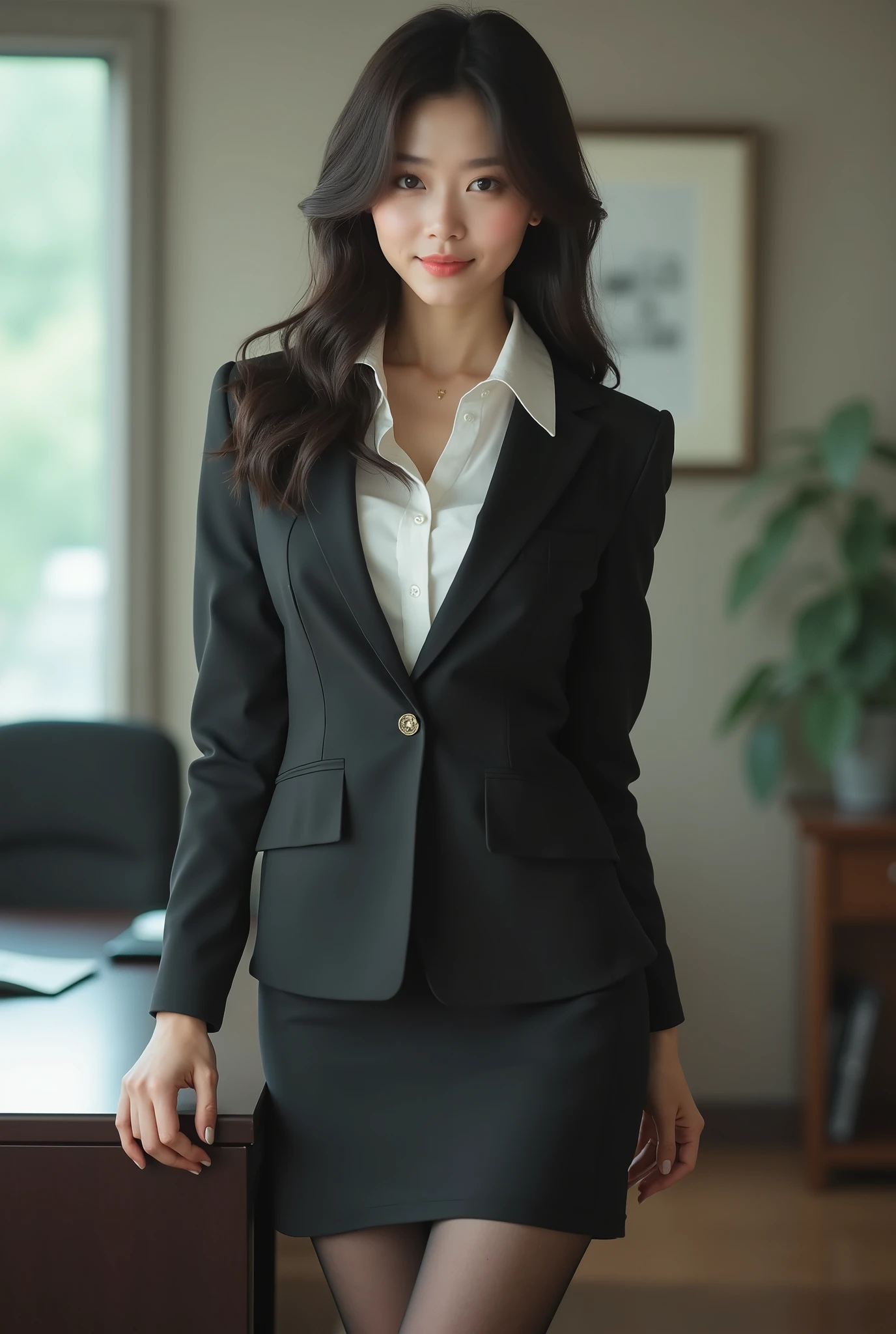 Masterpiece(1.4),Highest quality(1.5),Highest quality,8k、16K,wallpaper,Ultra-high resolution,Extremely detailed,Japanese,Beauty,sexy,glamorous,Perfect Style,teacher,School classroom,business suit,White shirt,Tight Skirt,pumps,(Students checking attendance in front of the blackboard in the classroom, holding an attendance book in their hands),