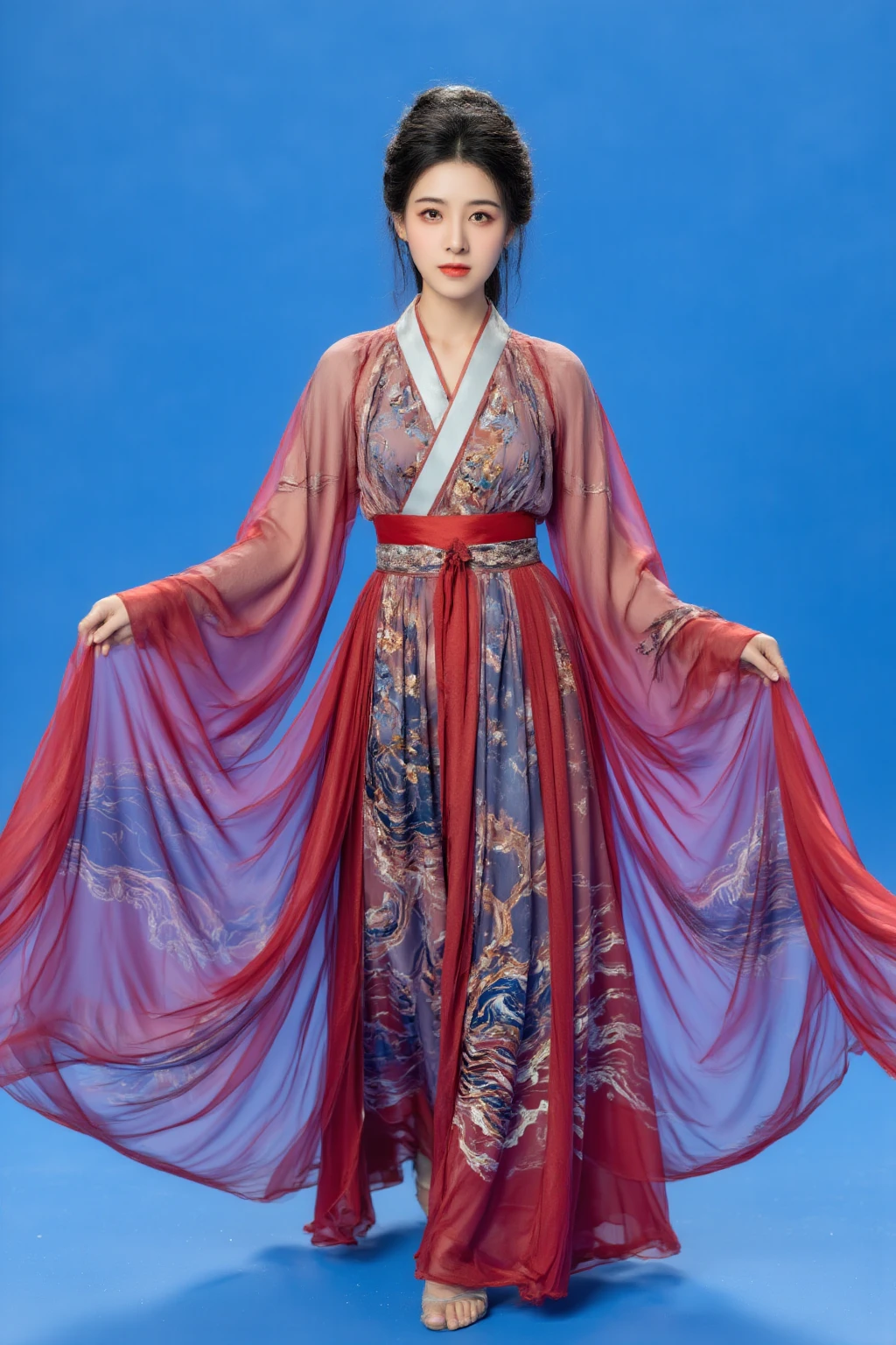 Ancient Chinese Beauty Paintings, The head is high in a bun with a blue phoenix headdress, Ancient Hanfu，Red coat, blue wristband, Long skirt dragged on the ground