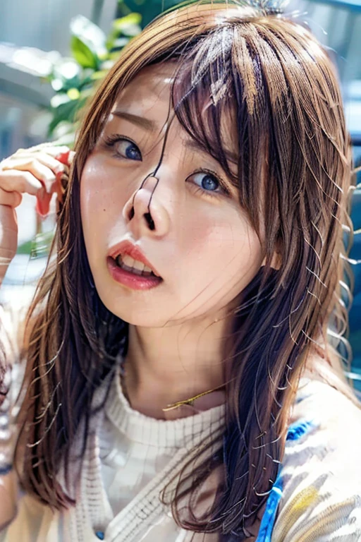   Beautiful Japanese Actress、   laugh while sitting  ,  debris flies,, Award-Winning Photos Cuddling From Behind,  very well detailed ,  focus on the face  ,   big double eyes(  Woman Standing on All Fours with Her Mouth Open and Eyes Closed  ), 18 years old、    black hair、    shiny skin、(((  Face Up )))、Realistic nostrils、 Long and narrow nasal cavity ,,,、 Apartment Emergency Stairs  ,　Staircase landing,Outdoor evacuation stage,  squat、((  Random Color Open Cardigan))、  big breasted、(  Sharp Nose  )frown  :1.4,, ,frown,  Lift Your Head  、 sweaty ,   shiny skin, oily skin,  tangled hair , squatting and frowning performance ,  Female Teacher,Sit in the hallway、  squat、50 degree hot room、 sweaty ,   shiny skin、Wet transparent fabric ,My face is sweaty ,Her face is enduring severe pain 、Screaming face,  SCREAMING WITH MY MOUTH WIDER OPEN AND SCREAMING  ,