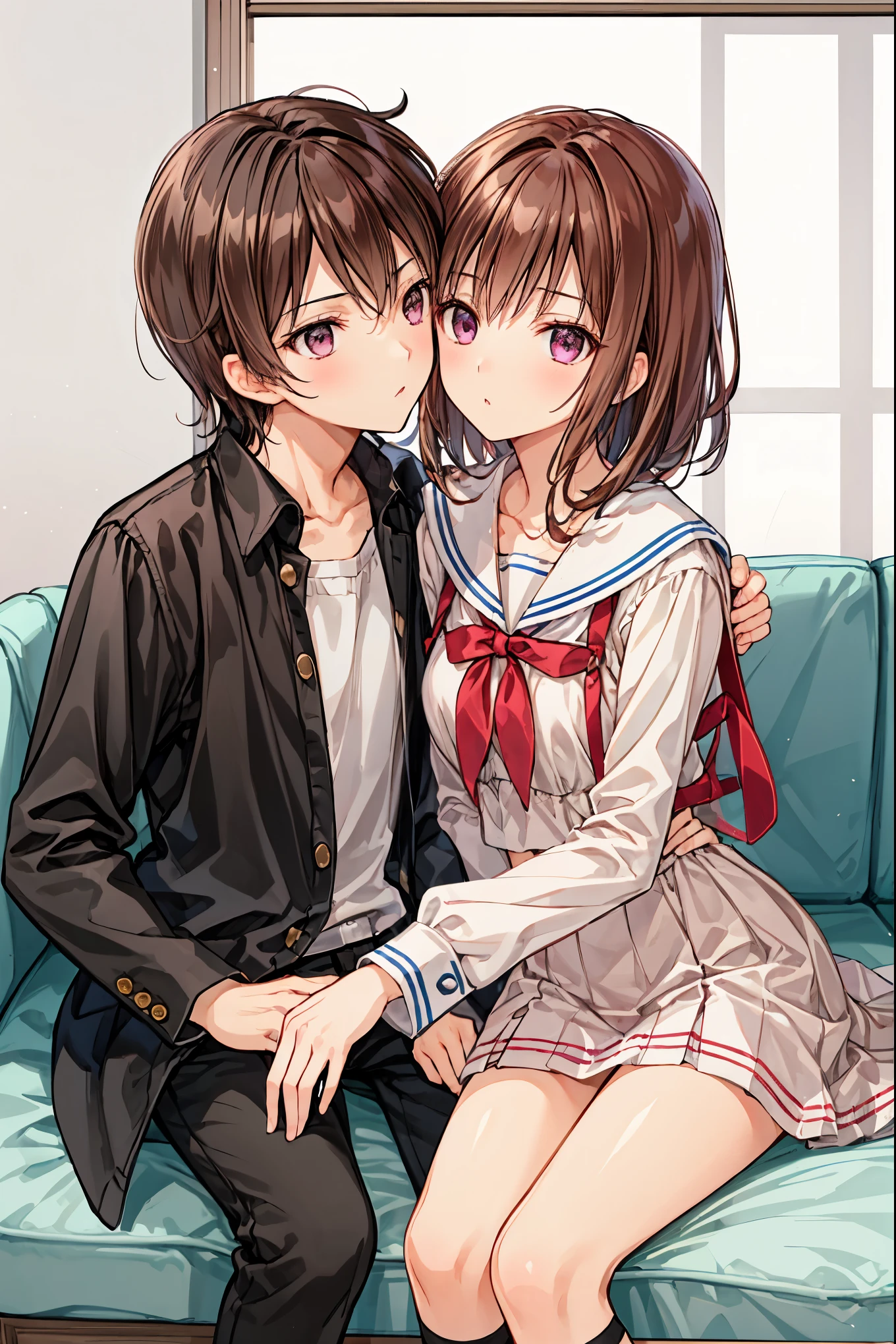 Couple in their 20s、 male1名, woman1名、 maleとwomanの両方のための軽い服装、 Kissing 、Shiny atmosphere、woman(Medium length brown hair ),魅惑的なグレーブルーのeyeは星のように輝いている,close ~ eye、Sweet Sigh、 male( Short Black Hair 、右手をwomanの頬に当てる)tightly close your eye、 With background(room、Sofa)、Late Night、 dark、Anatomically correct limbs、 Girls Are Slightly Skinny 、 shows underwear