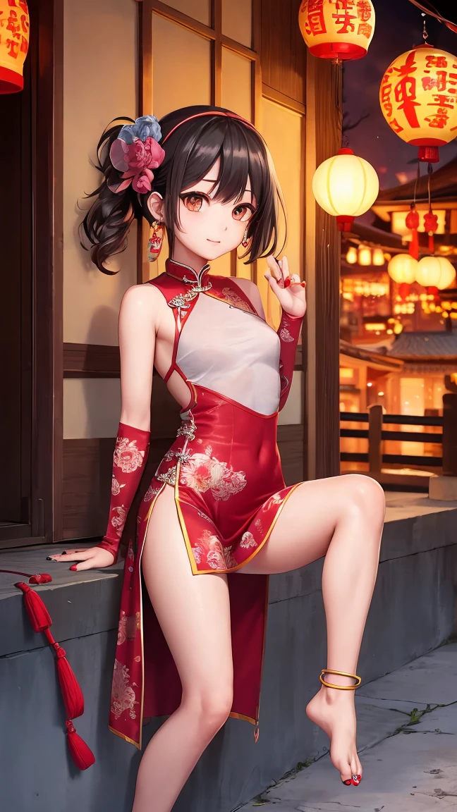 (((professional: Step by step, taking into account even the smallest detail, God-level final result, all intricate details, cowboy shot, solo 1girl view))): "1 fox girl, ruby eyes, fox ears, fox tail, high ponytail, smug, cute, short black china dress, side full body, pelvic curtain, thigh ribbon, (pumps:1), (hugging own leg:1.1), chinese style, indoors, sharp focus, looking at viewer, (intricate:1.3), red light theme, (orange tone:0.7), illustration, random angle, see body "