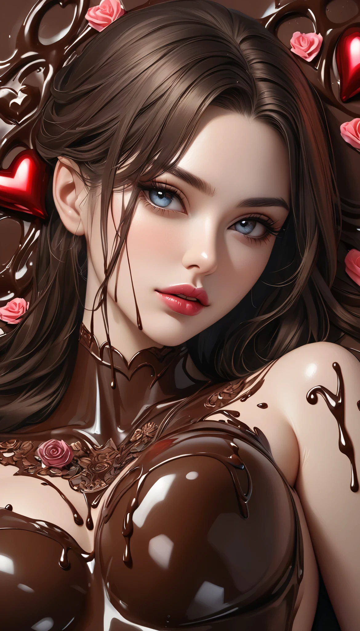 Ultra high resolution illustration, beautiful adult woman wet with melted and dripping chocolate, with the words "Happy Valentine's Day" {x} ((tattooed all over her body)), seamless melted, beautifully detailed shot, beautiful eyes with fine details, beautiful lips with fine details, highly detailed face, long eyelashes, sexy body wet with melted and dripping chocolate, censored, attractive legs, very cute and sweet scenery, BREAK mellow flavor and rich aroma, exquisite harmony of sweetness and bitterness, professional craftsmanship work, ((high quality, 8k, hyper-realistic, realistic, masterpiece, highly detailed)), studio lighting, professional portrait, beauty portrait art, soft focus, moody lighting, dramatic atmosphere, chocolate tattoo themed art, ARW