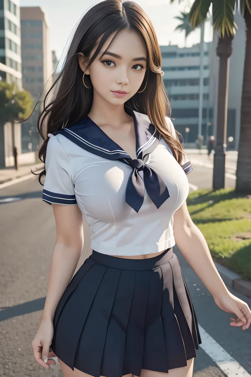beautiful detailed eyes, beautiful detailed lips, extremely detailed face and features, 1girl, curvy figure, sailor uniform, cat ears, bandana, showing abs, thighs, mini skirt, college campus, high quality, masterpiece, photorealistic, 8k, ultra-detailed, sharp focus, vivid colors, dynamic lighting, dramatic lighting