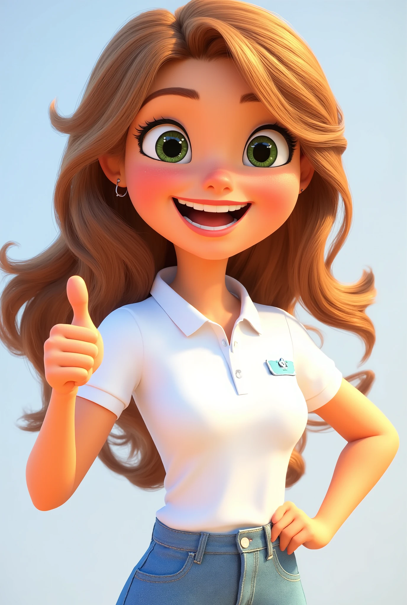 A girl around 18 years old, with long golden brown hair, greenish brown eyes, dressed in a white GOLO POLO with a pocket on the chest, giving a thumbs up expressing great happiness, pixar style image
