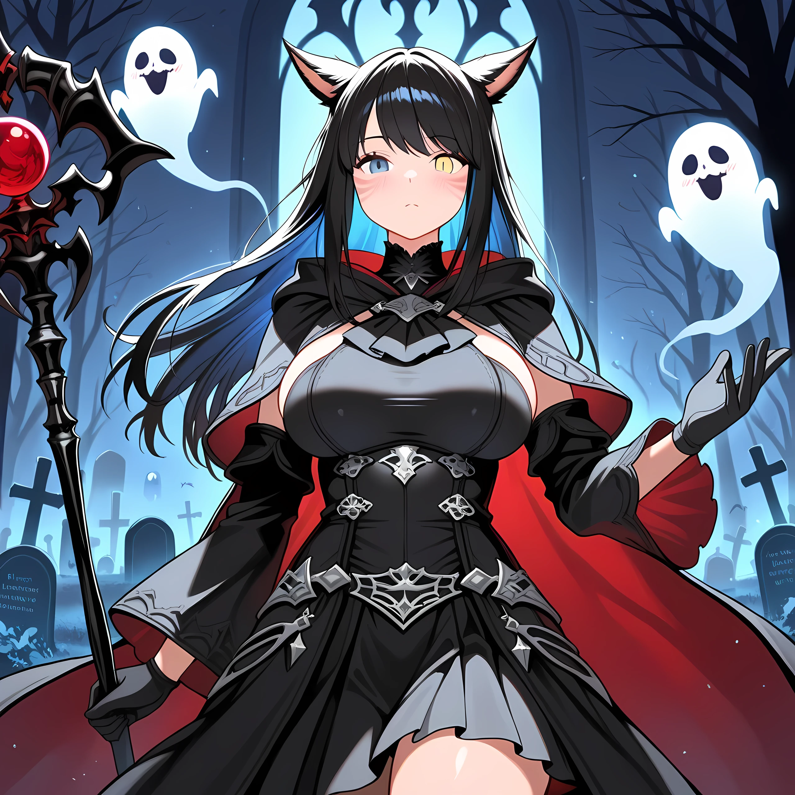 (masterpiece), best quality, expressive eyes, perfect face,1girl,final fantasy xiv,miqo'te,(heterochormia,right blue eye,left yellow eye,emotionless,blush,cultist,black dress,tattered clothes,tattered cloak,black cloak,detached sleeves,long sleeves,bridal gloves,walking,looking at viewer,big breasts,(multicolored hair,black hair,turquiose hair:1.3),long straight hair,graveyard,cowboy shot,evil staff,wisps,scarlet night,dynamic pose,[spirits,ghosts,skeletons],eerie background