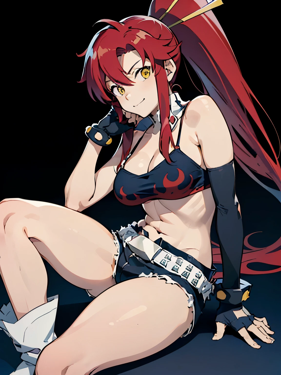 ((yl1,yokoli, 1 girl)), ((Alone)), Yoko Rittner, ((solo picture:1.5)), (safe for work version:1 5), (dark background:1.5), (Detailed eyes, Eye Light), (Athletic Build), (anime style), ((full body picture)), (three quarter view:1.5), Grown-up face, Big Breasts:1.5, Shiny Skin:1.4, ((Long Hair, ponytail, Red Hair, Long Hair, Yellow Eyes)), Long Hair, denim shorts, wearing jean shorts, (blue shorts:1.5), belt, (camisole), (black camisole), (fingerless gloves), perfect anatomy, (white boots), (dark background:1.5), (small smile), (fingerless gloves), (laying on their back:1.5), (open legs:1.5)