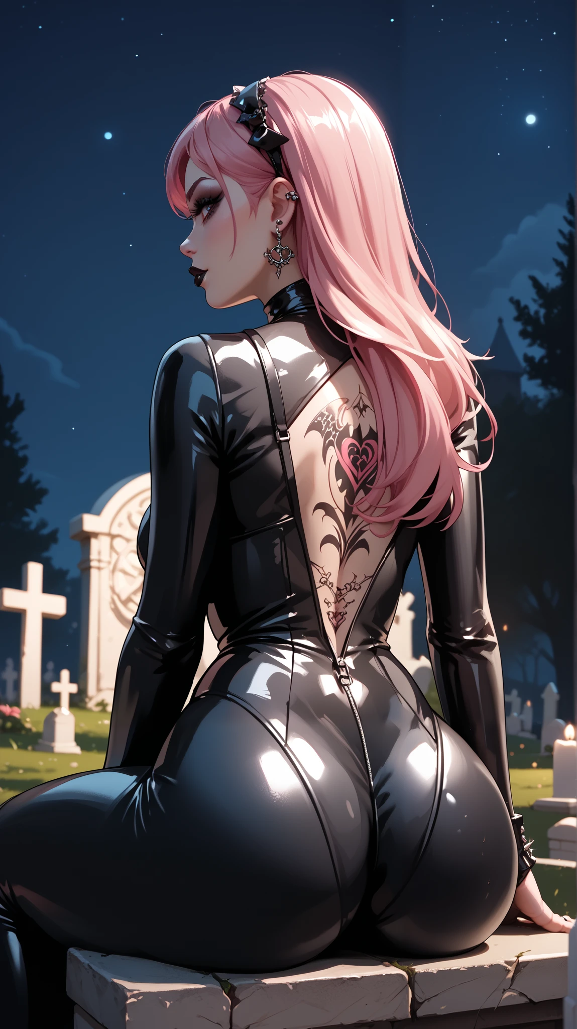 Gothic girl, 19 years old, perfect figure, pink hair, third-dimensional breasts, perfect body, tattoos on her face and piercings, sitting (rear view) against the background of a cemetery (at night), wearing a black latex bodysuit