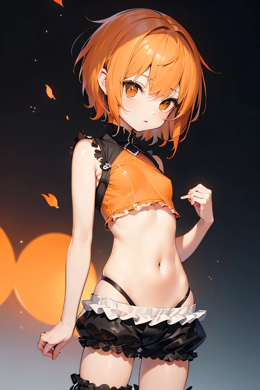Anime-like drawing、1 girl、from behind、orange hair、ponytail、round red eyes、short hair、camisole、loincloth、smile