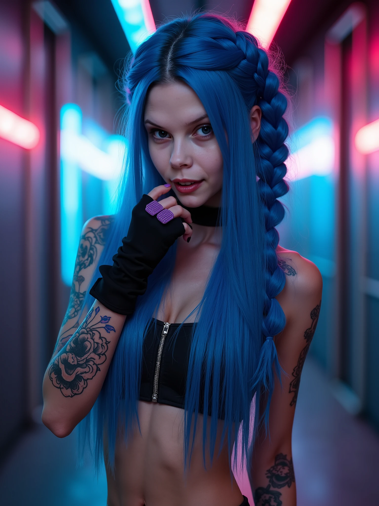 Close up half body, 23 year old beautiful woman, happy smile, light blue hair, long braided hair, standing in front of graffiti wall, vibrant graffiti art, detailed wall, concrete wall, wearing black low cut dress, black dress, revealing dress, hyper realistic, highest quality, ultra realistic, extremely detailed, hd, HDR, hyper detailed, professional photoshoot, cinematic, ultra detailed, beautiful body, visually rich, concept art, luminous, intricate details, subtle colors, extremely detailed, ultra sharp focus, light particles, attention to detail, grandeur and awe, stunning visual masterpiece, double exposure, 32k, photorealistic, strong outlines, cinematographic scene, highest quality