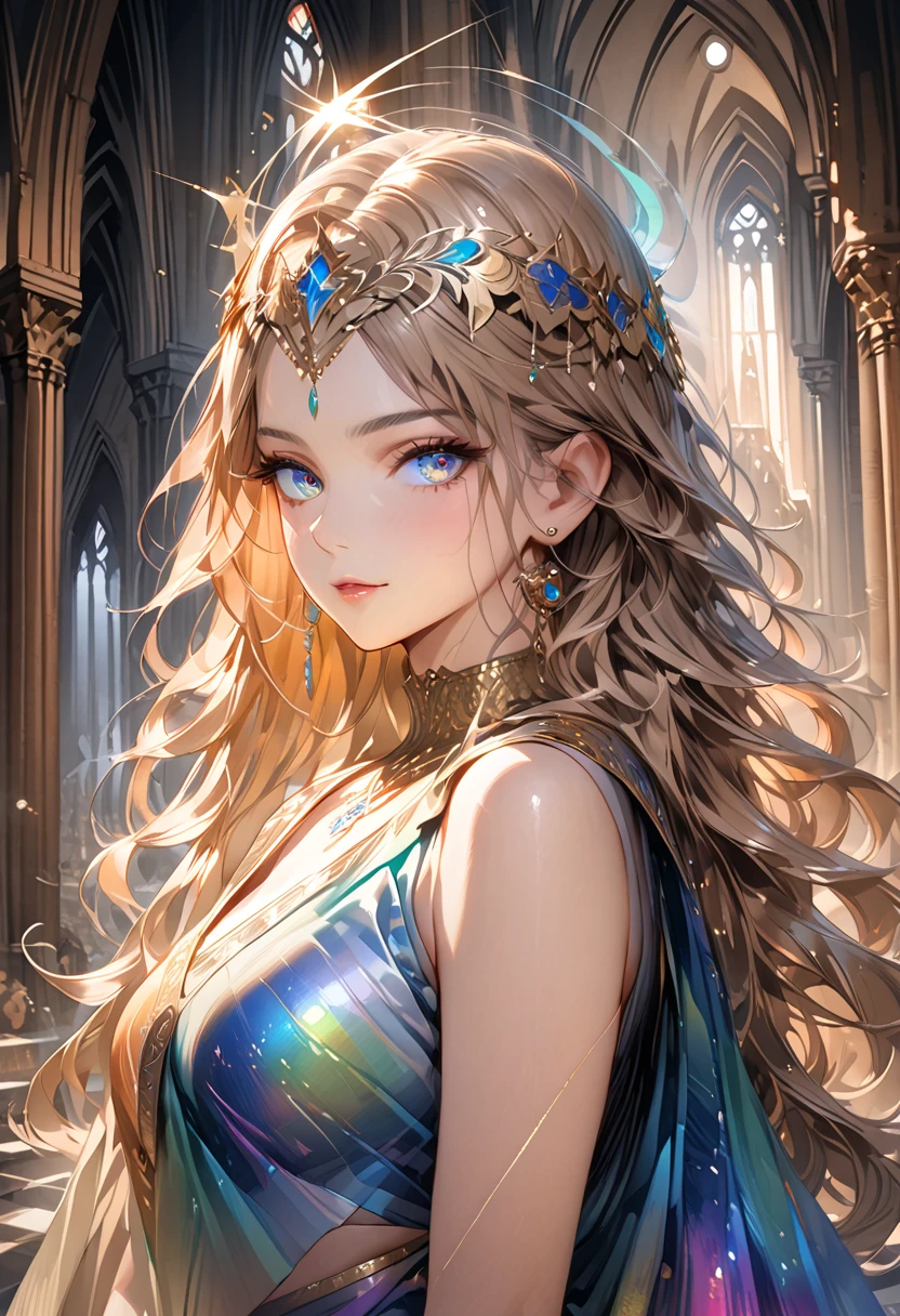a beautiful goddess, detailed facial features, piercing eyes, elegant expression, flowing hair, graceful pose, intricate jewelry, delicate skin, glowing aura, ornate dress, dramatic lighting, cinematic composition, Работа, вдохновленная Дэйвом Маккином, сложные детали, окрашенный маслом
