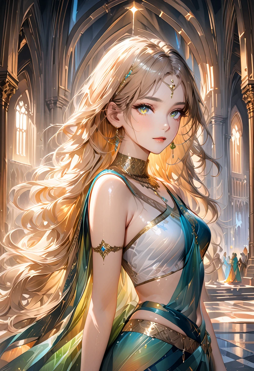(tmasterpiece,top Quority,best qualtiy,offcial art,Beautiful and aesthetic:1.2),(1girll),Extremely detailed,Colorful,highestdetailed,offcial art,统一 8k 壁纸,ultra - detailed,Beautiful and aesthetic,Beautiful Chinese goddess,The blonde hair ornament on his head,The ears are large,tmasterpiece,best qualtiy,(zentangle,datura,Tangles,entangled),holy rays,gold foil,Gold leaf art,glitter drawing,PerfectNwsjMajic
