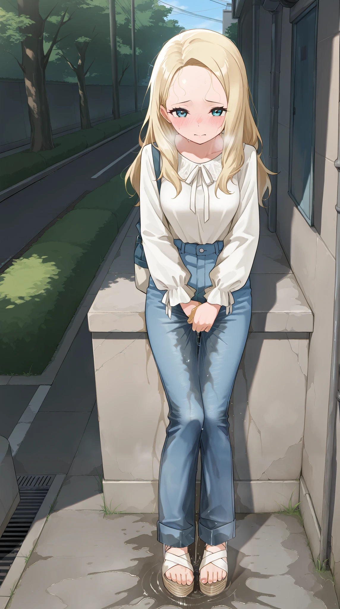 masterpiece, best quality, amazing quality, 1girl, youthful female, scandinavian, lovely long hair, forehead, beautiful eyes, (wetting herself:1.5), desperation, blue denim pants, casual outfit, footwear, medium breast, looking at viewer, relief, outdoor setting in februery in scandinavia, full body, absurdres