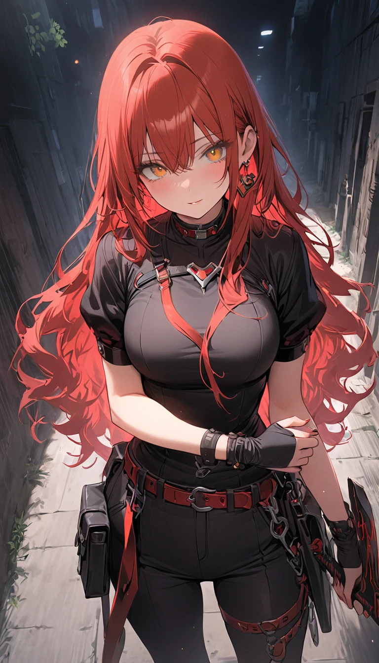 (masterpiece, best quality) an adult woman with very long red hair with short red latex dress, black bows, long stockings, black boots, torn clothes, queen, yellow eyes, serious, blood, emotionless, red sky, burning black forests, straight bangs, very long red hair, evil, (yellow eyes), gothic, red forest, medium chest, head-to-waist portrait, cinematics, color oil painting, cinematic lighting, extremely detailed face, finely detailed face, beautiful face, beautiful eyes, perfect lighting, depth of field, realistic proportions, good anatomy,