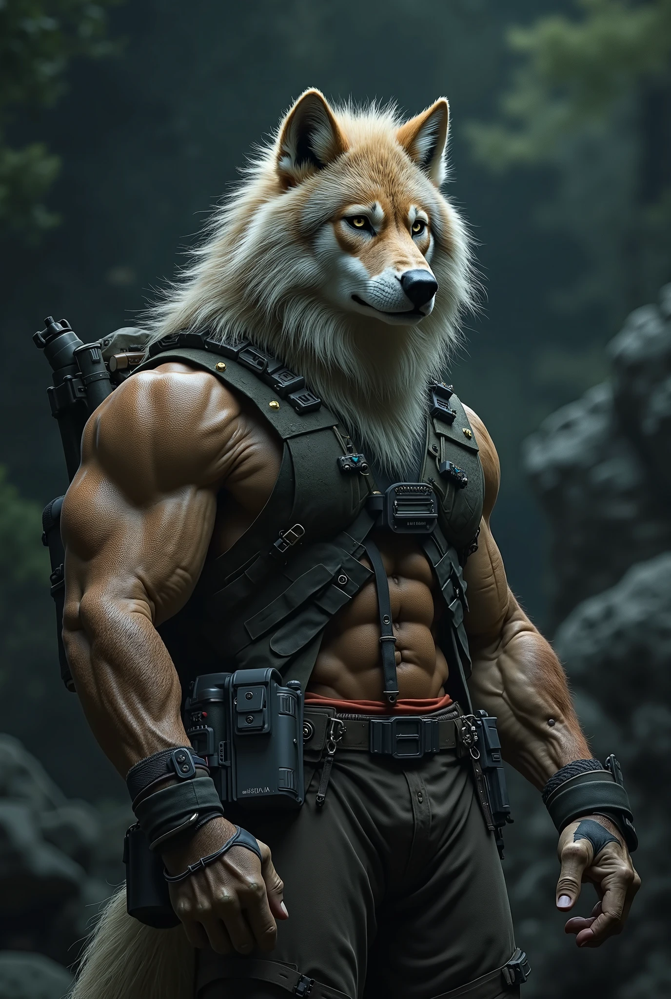 anthro, grey wolf, solo, male, adult, veiny muscles, muscular, military pants, fierce look, white body, detailed background, wilderness background, realistic, photorealistic, ultra realistic, 8k, bare-chested, red scarf, black nipples, black eyes