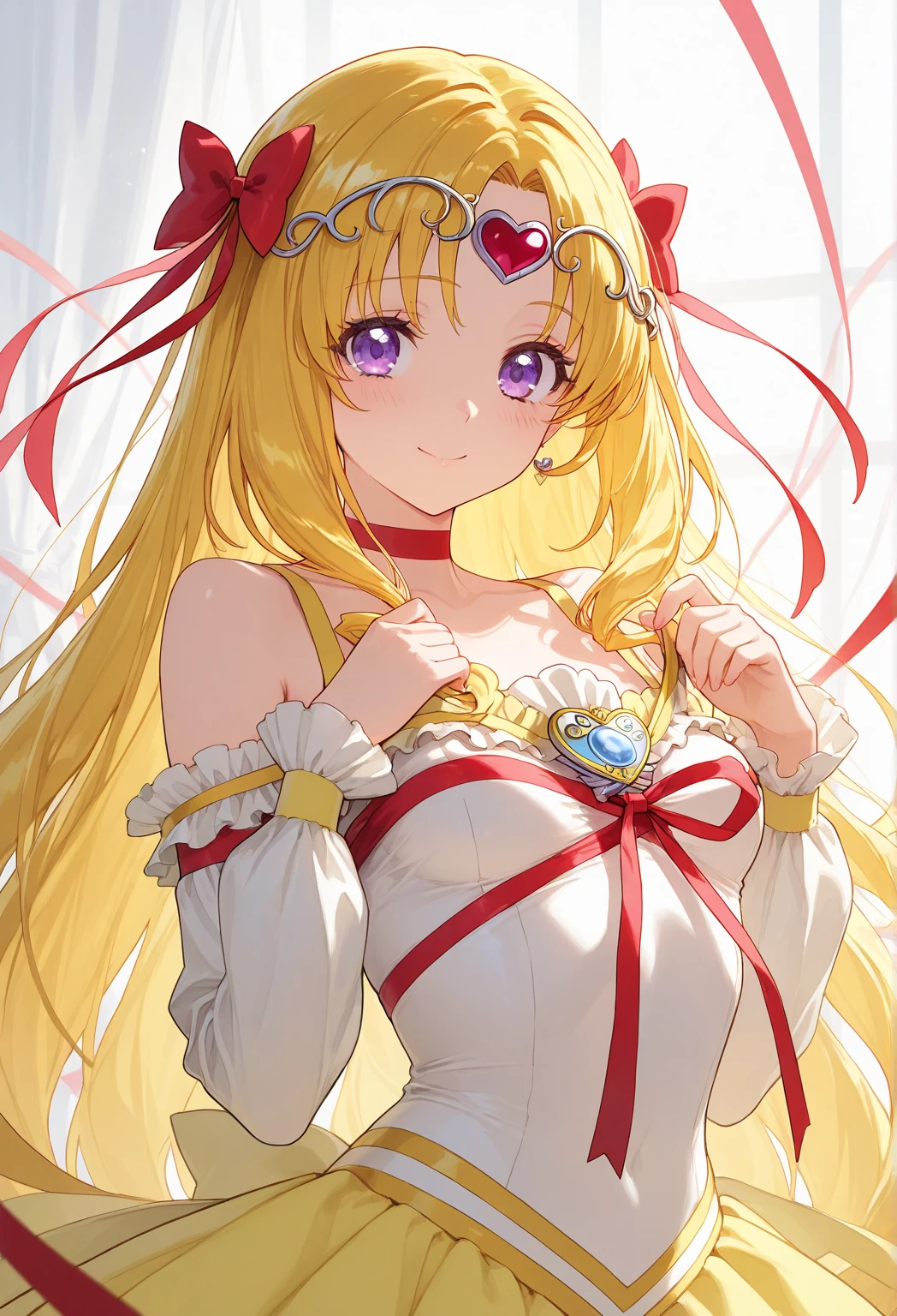 (masterpiece, best quality, beautiful and aesthetic:1.3), Elegant mature woman, 1woman, ((very mature woman)),(30 years old, thirties), solo, light smile, (bred hair streaked gold:1.4), (Gradient gold hair ends:1.6), hair strand, absurdly hair, single sidelock, wavy hair, shiny hair, floating hair, (deep blue eyes), delicate eyes, aqua eyes, super high detailed eyes, long upper eyelashes, makeup, Focus on face, Very detailed facial, Pretty Face, Perfect breasts, hot body, (Delicate skin texture:1.2), bridal veil, (Red lace-trimmed dress), see-through, (Red wedding dress), outdoors, white roses, garden, morning, standing, extreme detailed, light smile