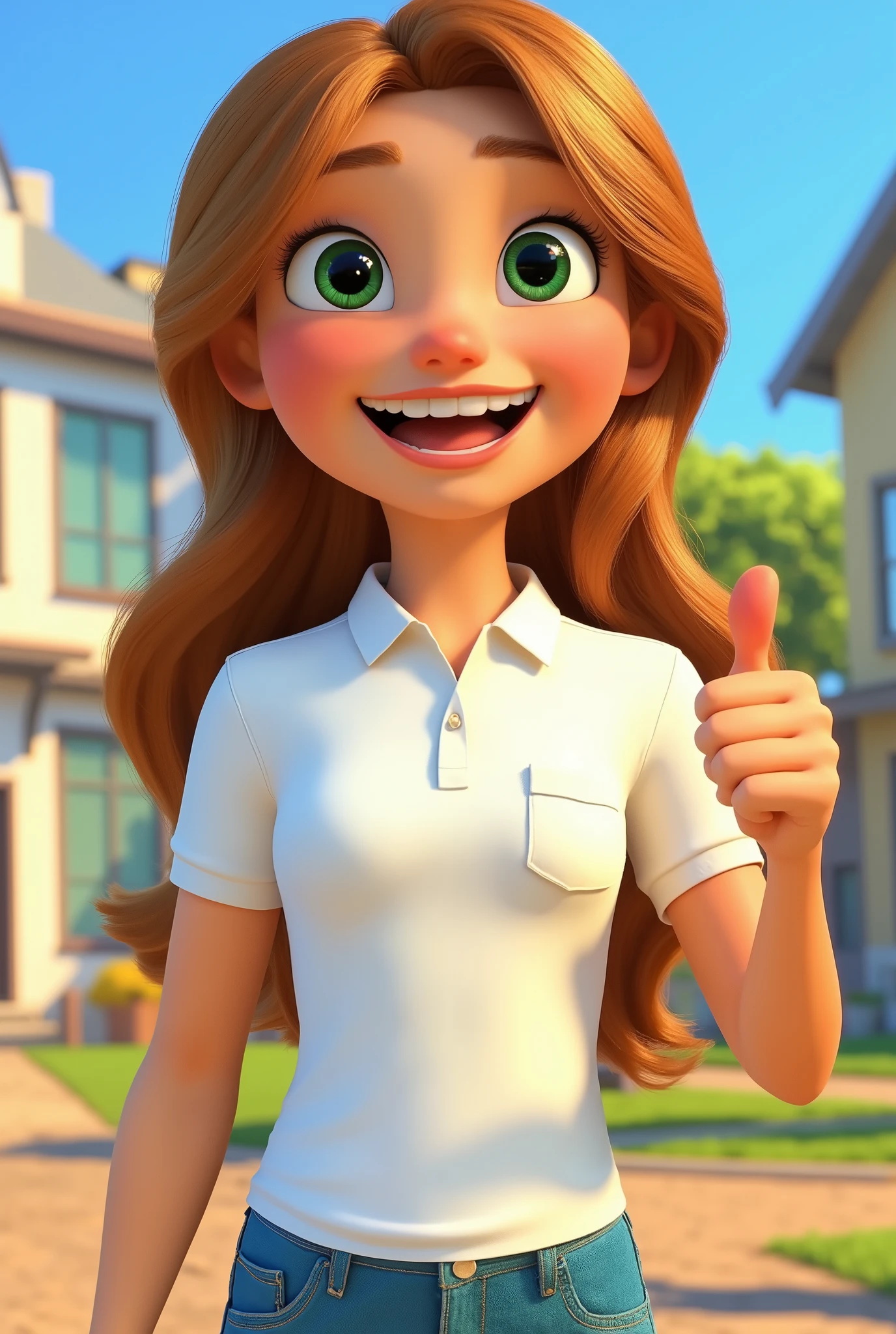 A girl around 18 years old, with long golden brown hair, greenish brown eyes, dressed in a white GOLO POLO with a pocket without details on the chest, giving a thumbs up expressing great happiness, pixar style image