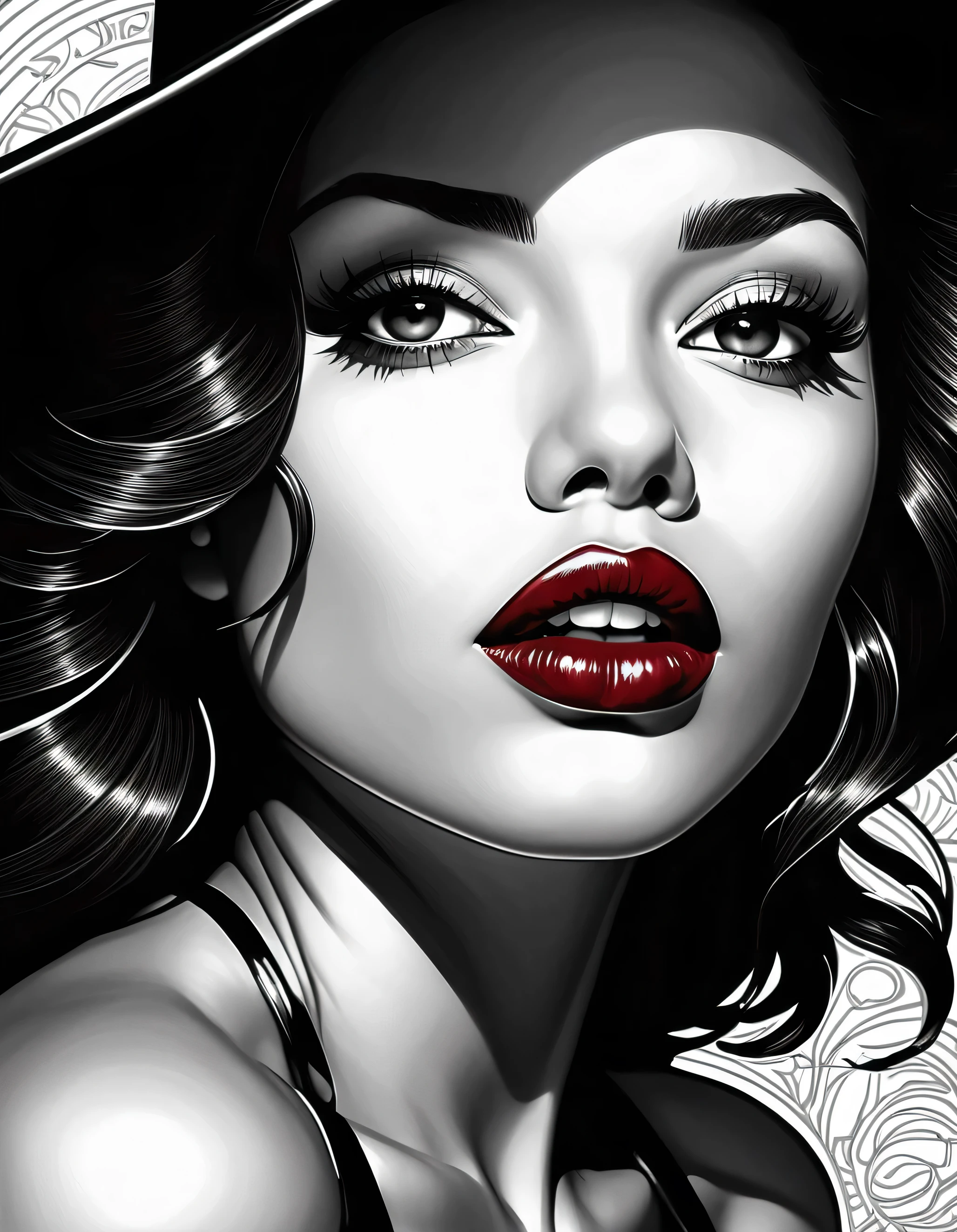 female, fantasy, beauty, in the style of noir comic art, realistic hyper-detailed portraits, black and white grayscale, chicano art, dark cherry red lipstick, realistic yet romantic, flowing lines --ar 23:36 --stylize 750