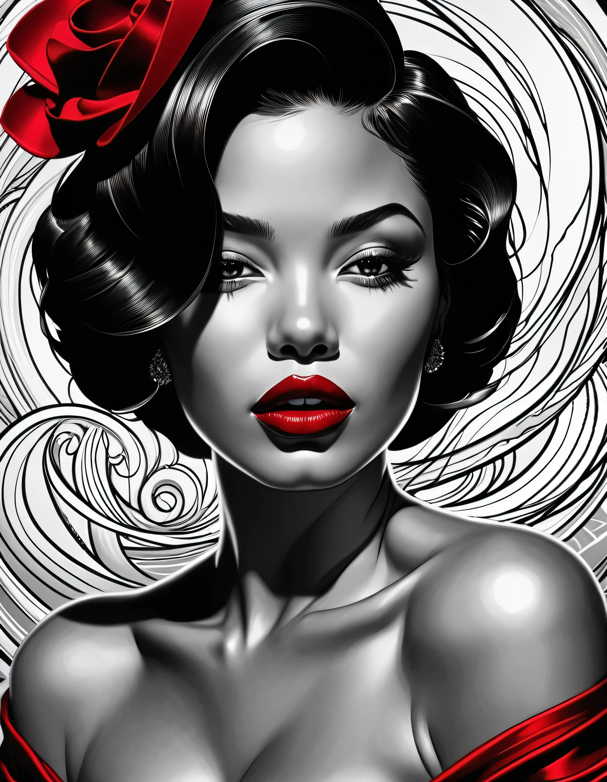 female, fantasy, beauty, in the style of noir comic art, realistic hyper-detailed portraits, black and white grayscale, chicano art, dark cherry red lipstick, realistic yet romantic, flowing lines --ar 23:36 --stylize 750